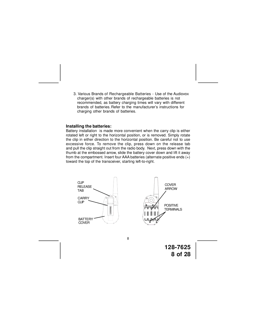 Audiovox GMRS862 owner manual Installing the batteries 