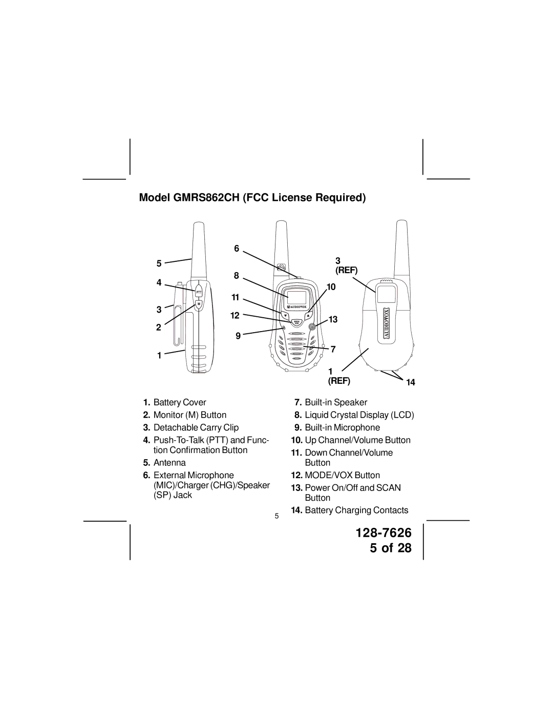 Audiovox owner manual Model GMRS862CH FCC License Required, REF14 