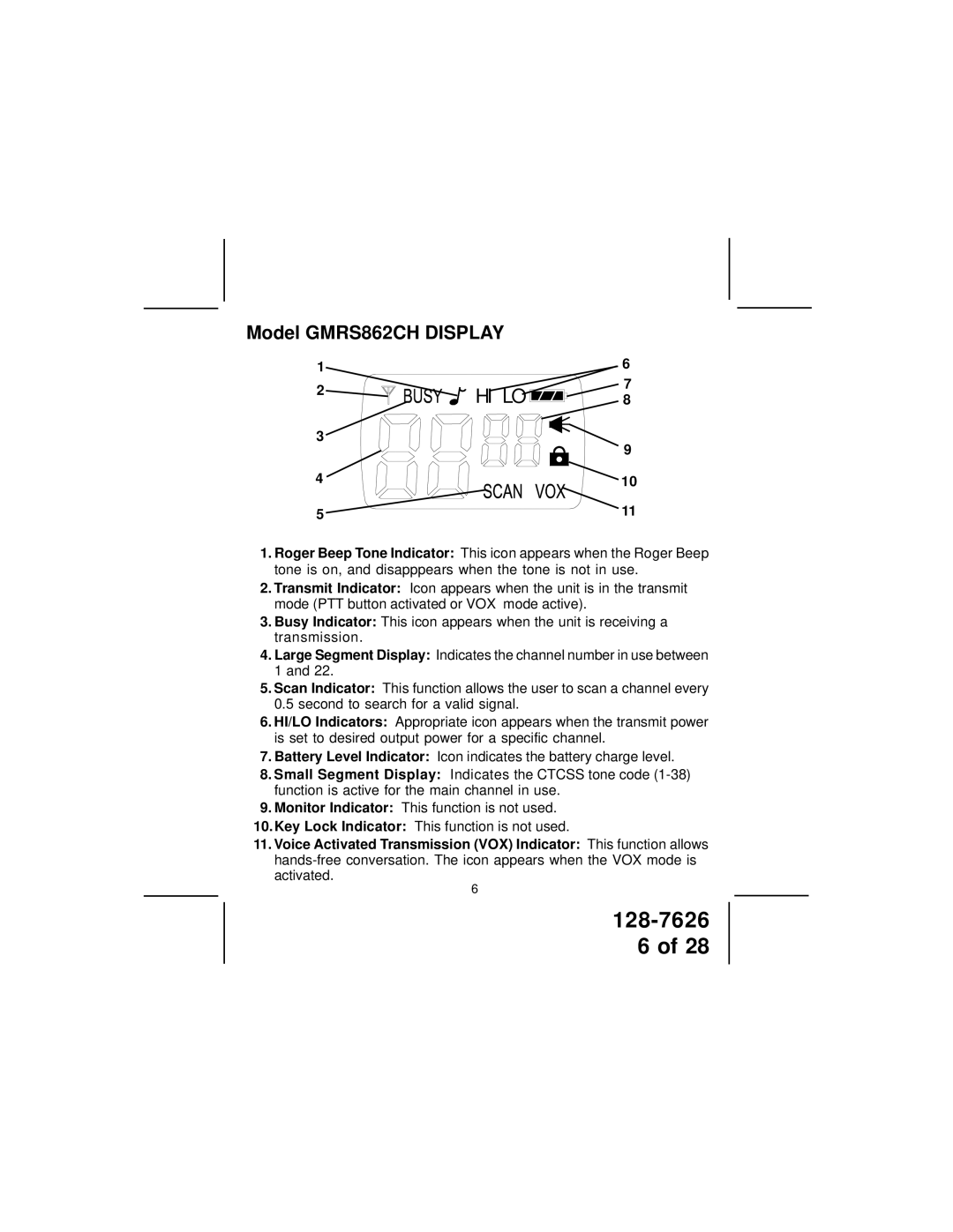 Audiovox owner manual Hi Lo, Model GMRS862CH Display 