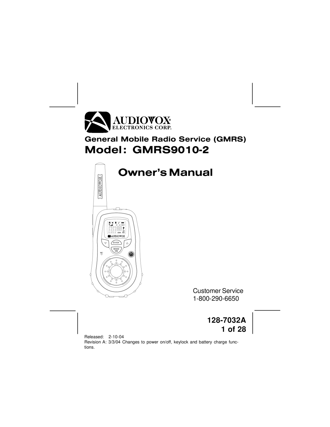 Audiovox owner manual Model GMRS9010-2 