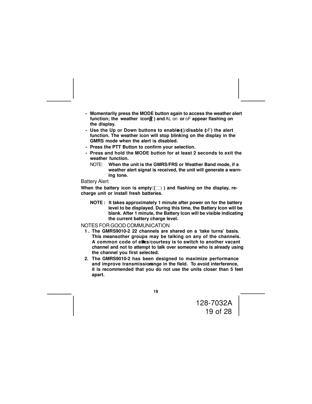 Audiovox GMRS9010-2 owner manual Battery Alert 