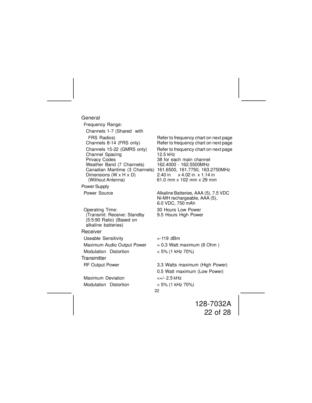 Audiovox GMRS9010-2 owner manual General, Receiver, Transmitter, Power Supply 