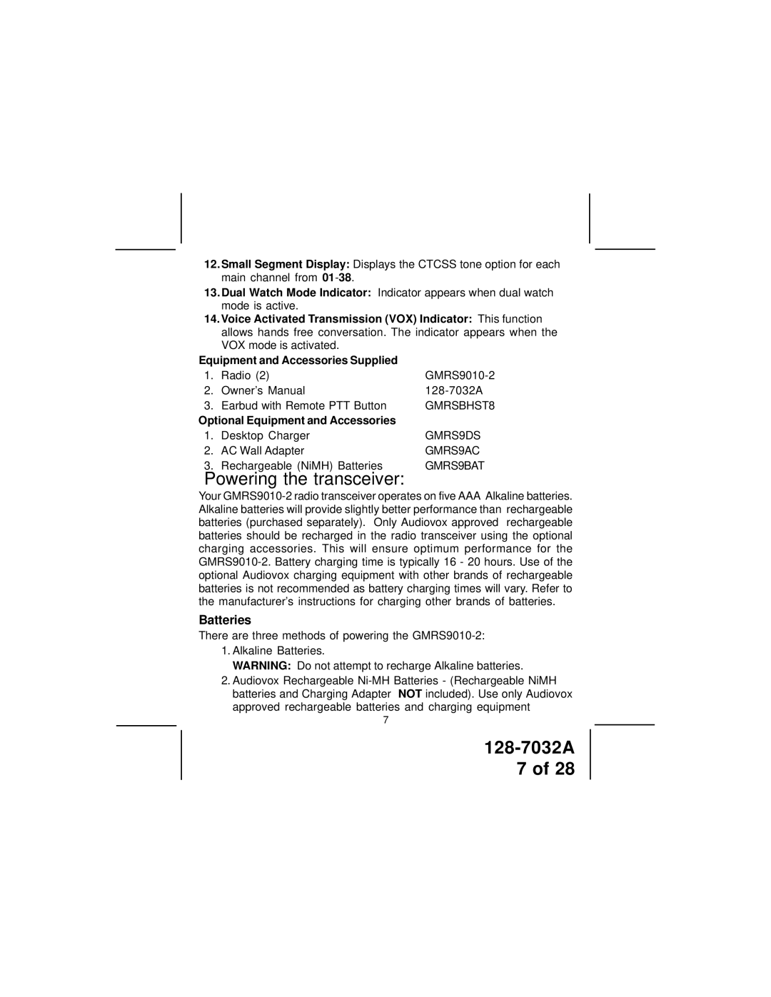 Audiovox GMRS9010-2 owner manual Batteries, Optional Equipment and Accessories 