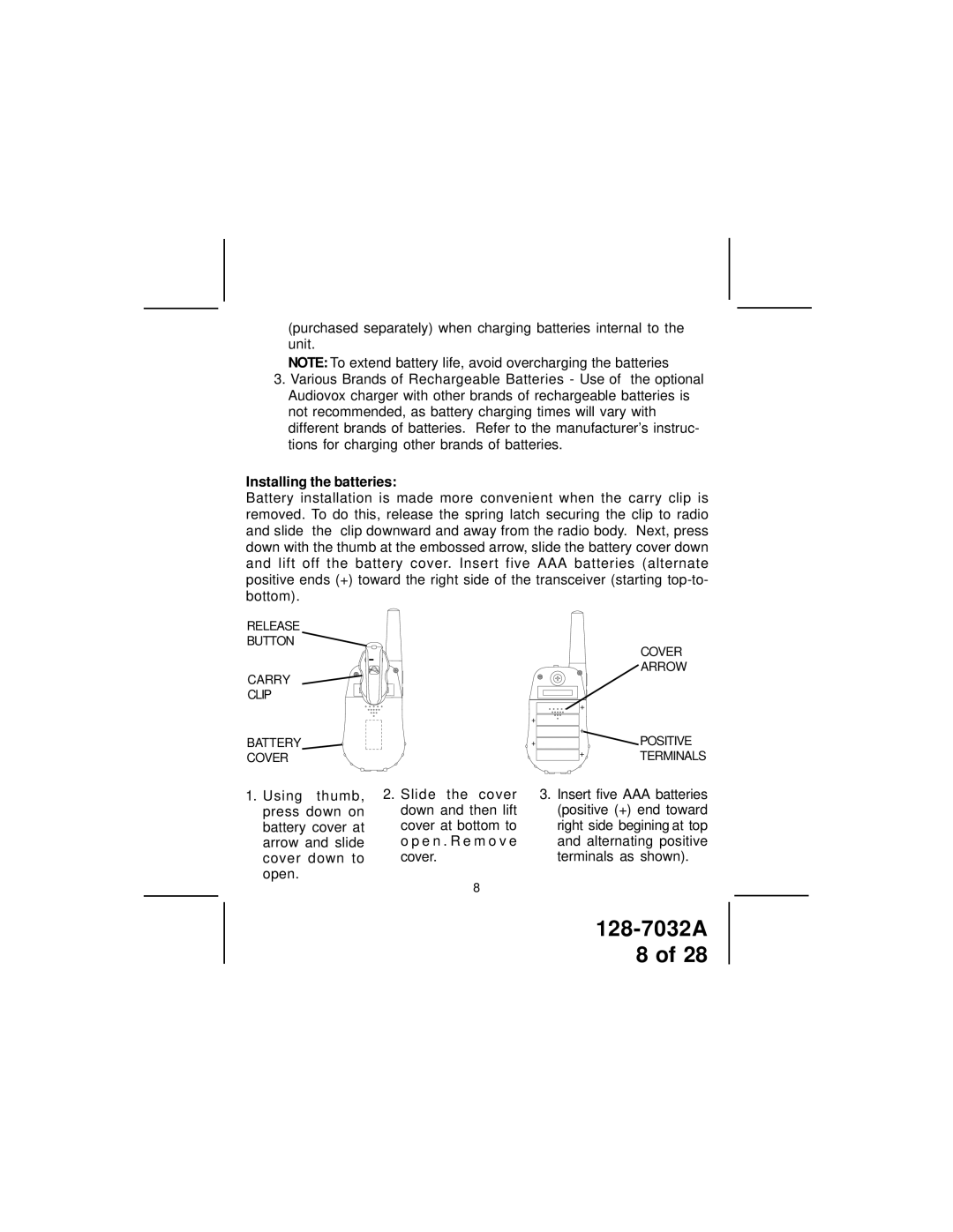 Audiovox GMRS9010-2 owner manual Installing the batteries 