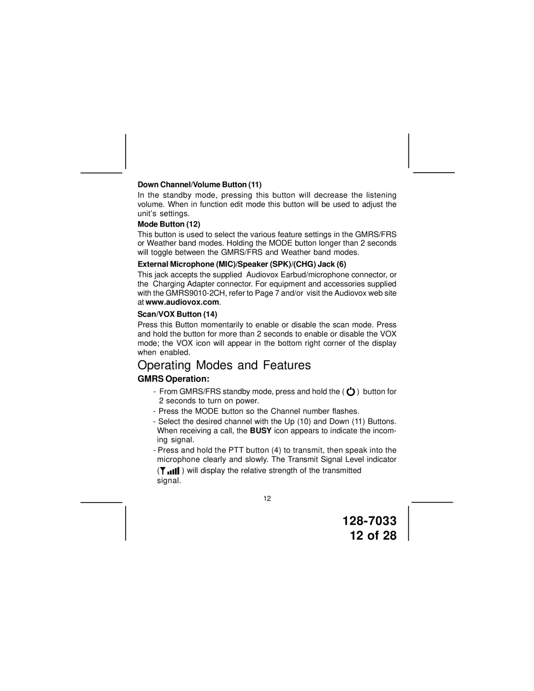 Audiovox GMRS9010-2CH owner manual Gmrs Operation, Down Channel/Volume Button, Mode Button 