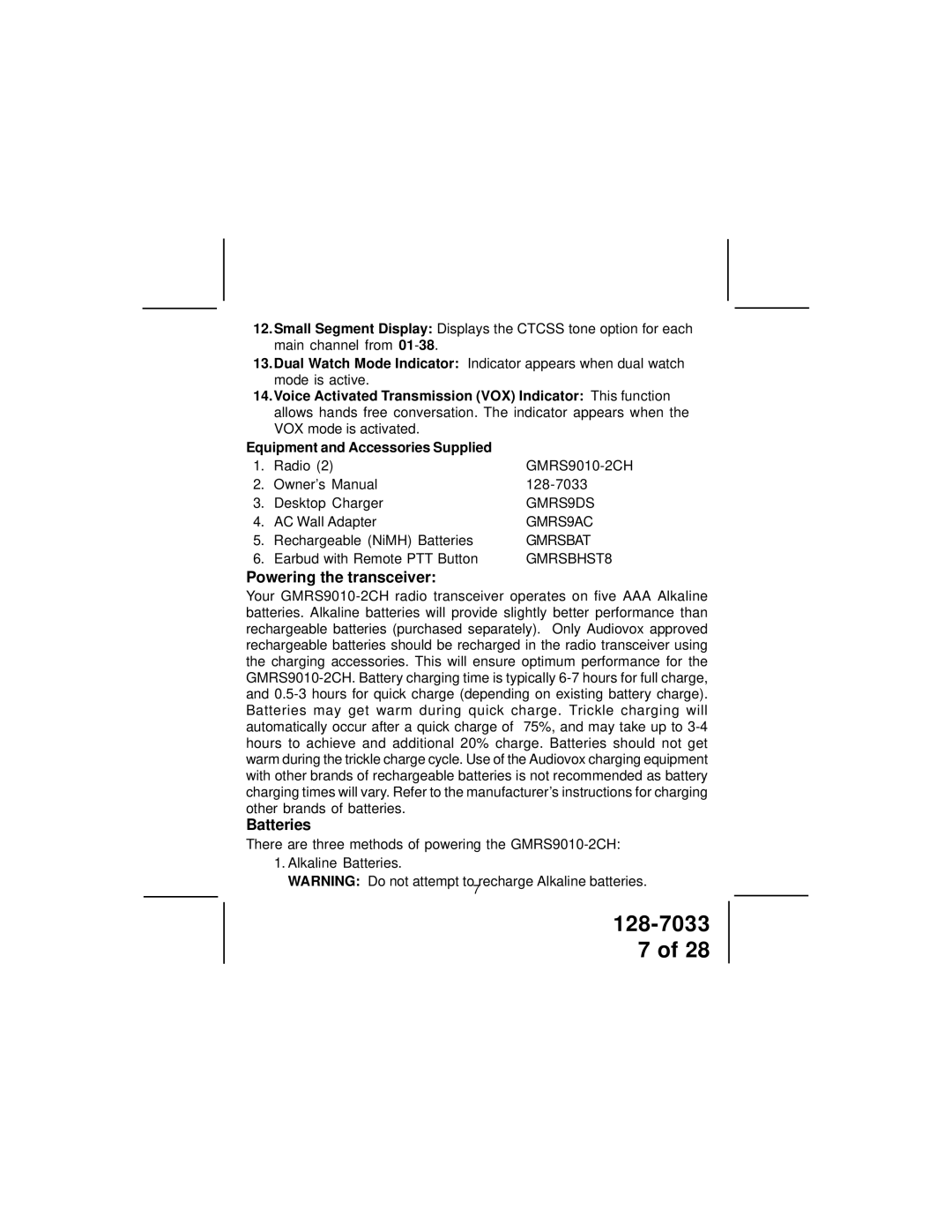 Audiovox GMRS9010-2CH owner manual Powering the transceiver, Batteries 