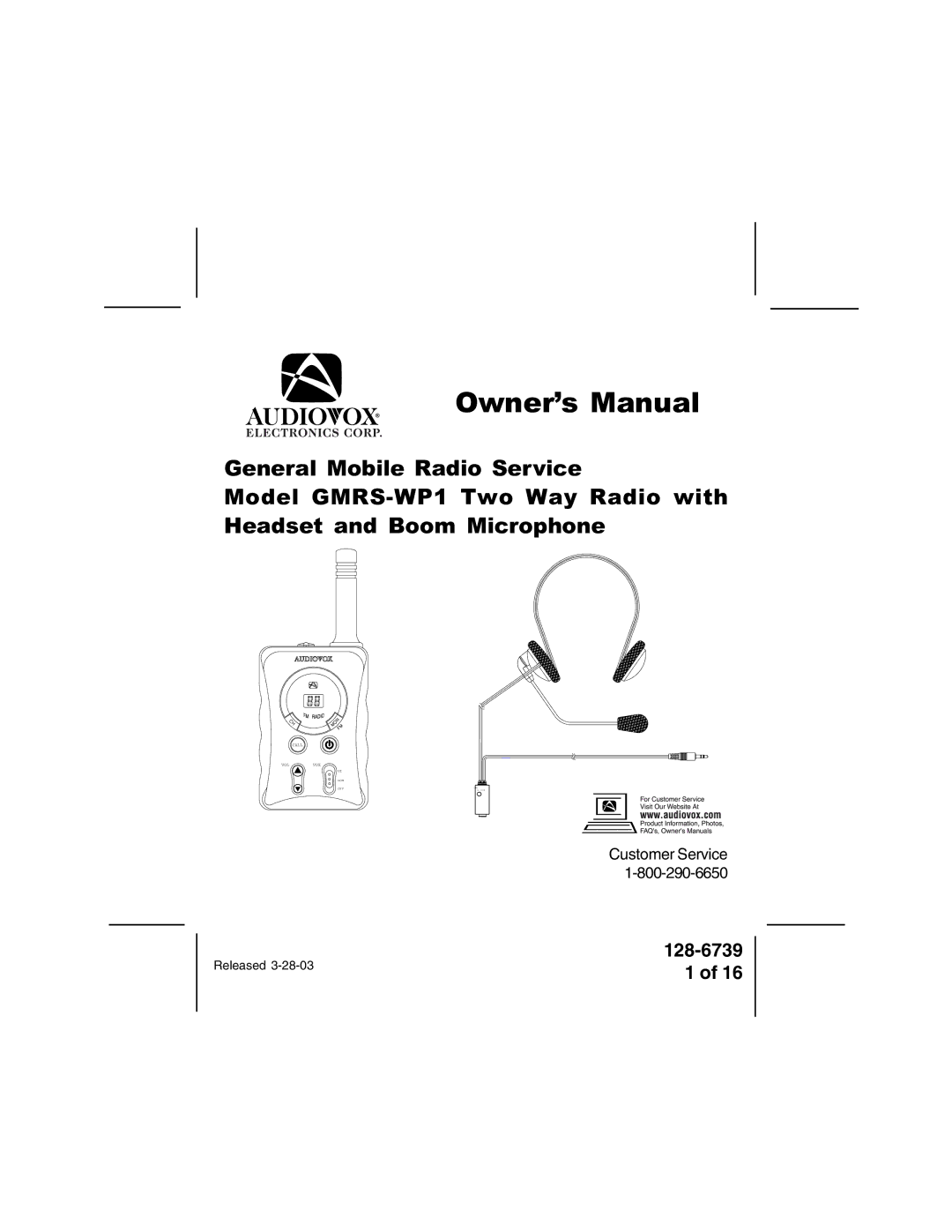 Audiovox GMRSWP1 owner manual 128-6739 