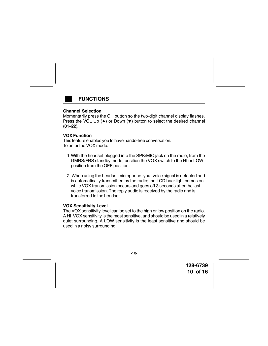 Audiovox GMRSWP1 owner manual Functions, Channel Selection, VOX Function, VOX Sensitivity Level 