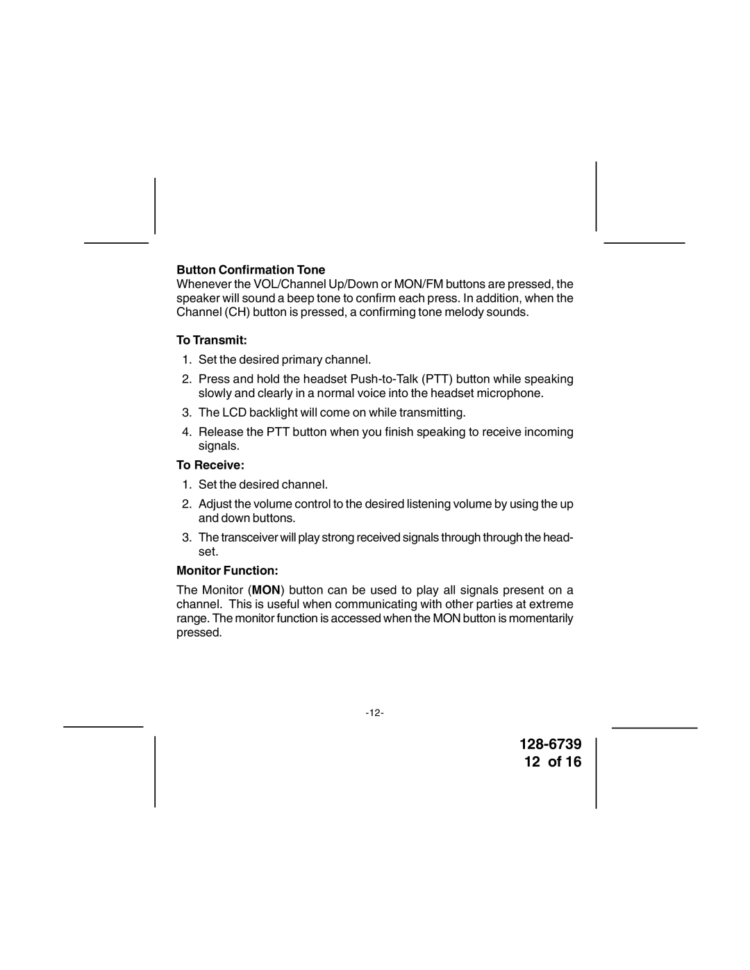 Audiovox GMRSWP1 owner manual Button Confirmation Tone, To Transmit, To Receive, Monitor Function 