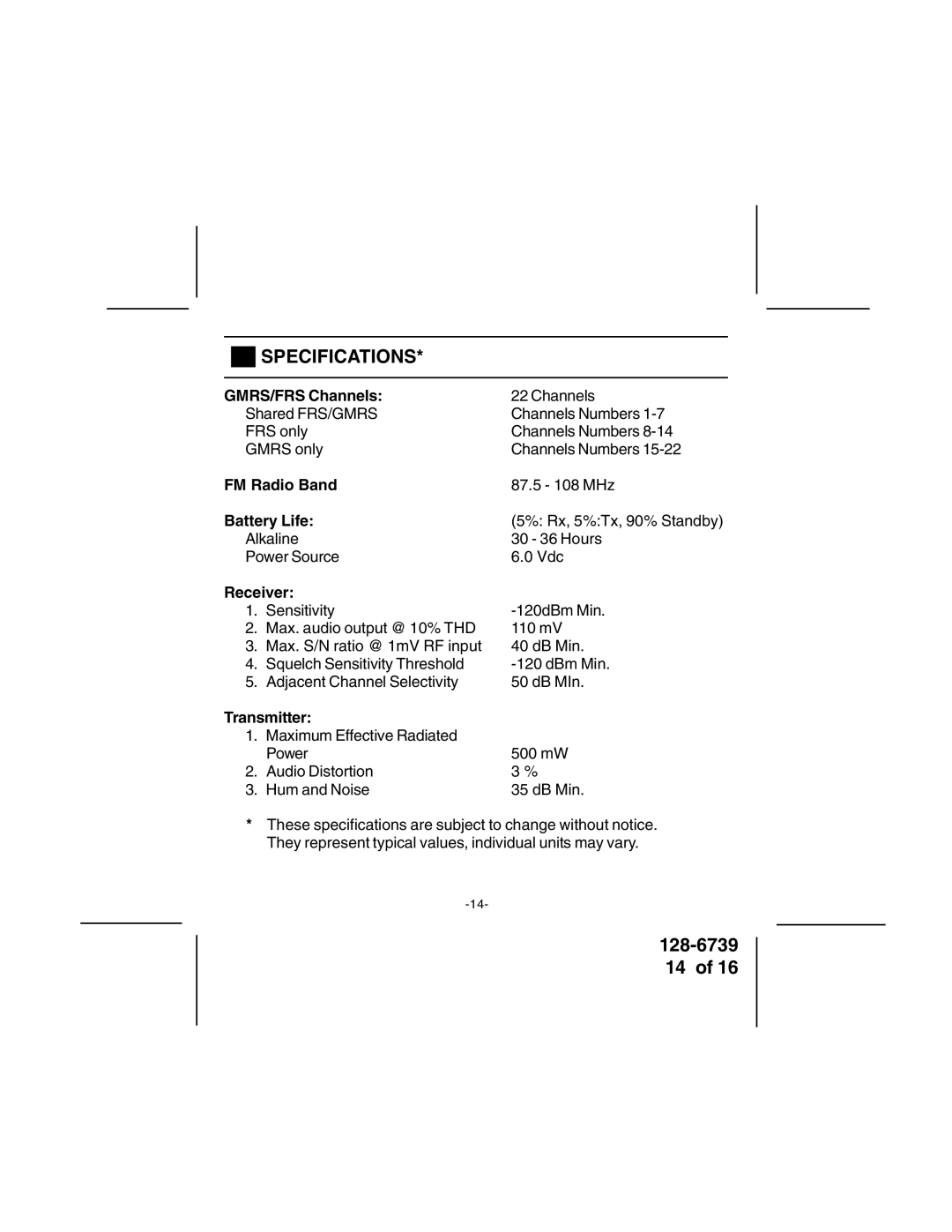 Audiovox GMRSWP1 owner manual Specifications 