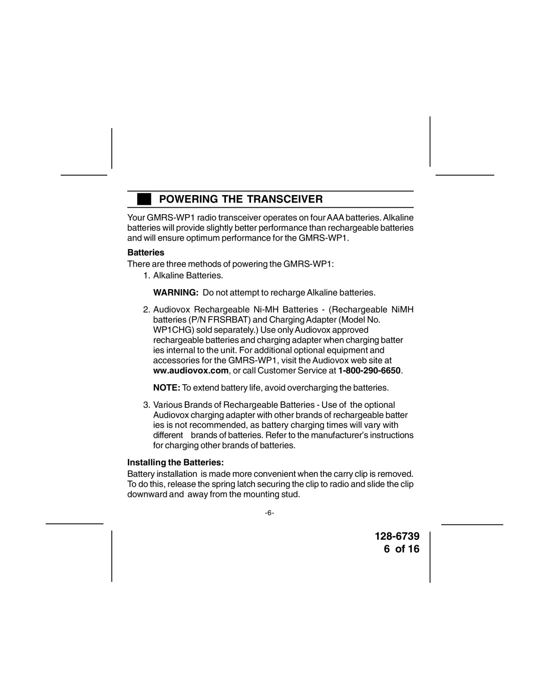 Audiovox GMRSWP1 owner manual Powering the Transceiver, Installing the Batteries 