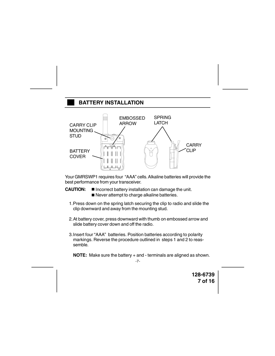 Audiovox GMRSWP1 owner manual Battery Installation, Carry Clip 