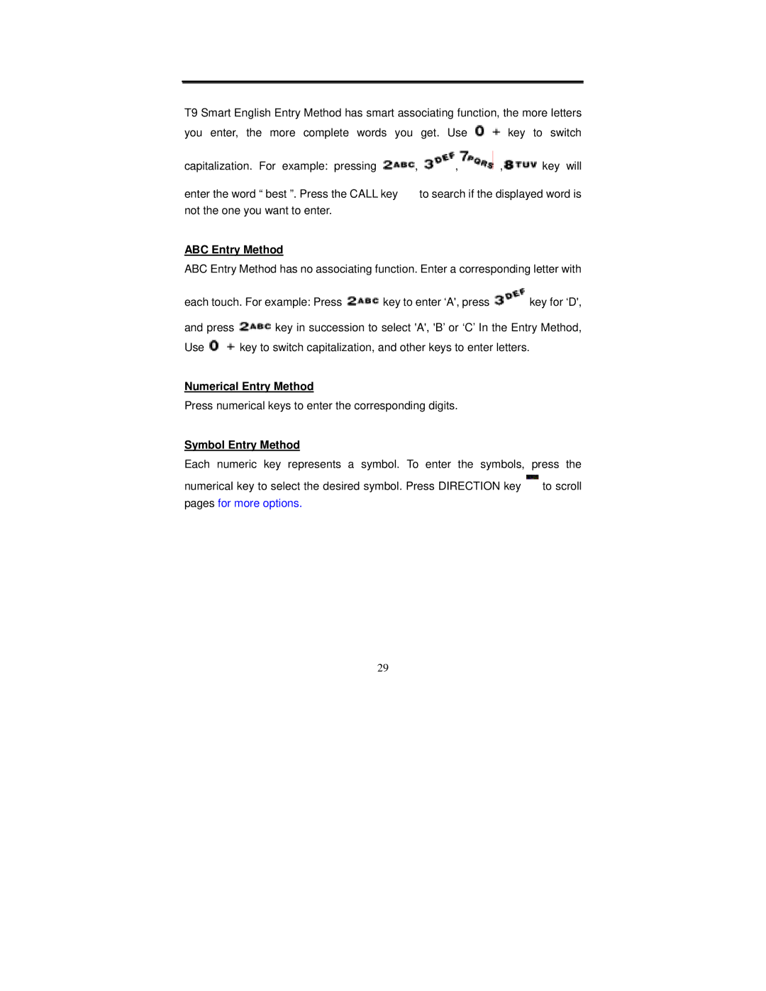 Audiovox GSM-609 manual ABC Entry Method, Numerical Entry Method, Symbol Entry Method 