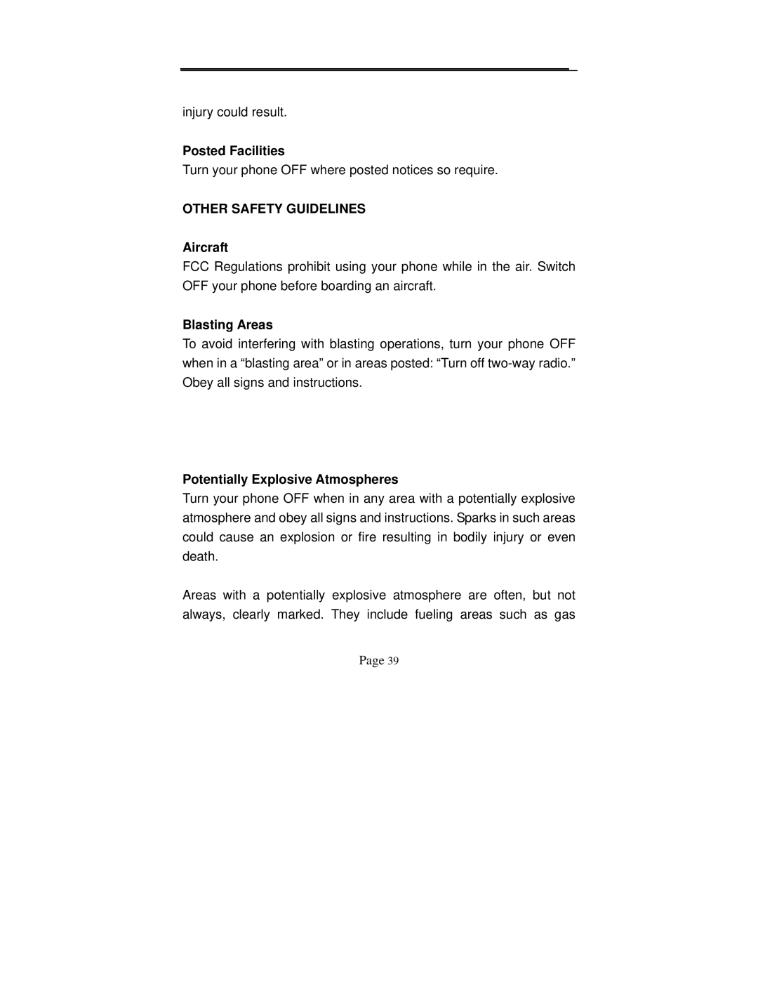 Audiovox GSM-609 Posted Facilities, Other Safety Guidelines, Aircraft, Blasting Areas, Potentially Explosive Atmospheres 