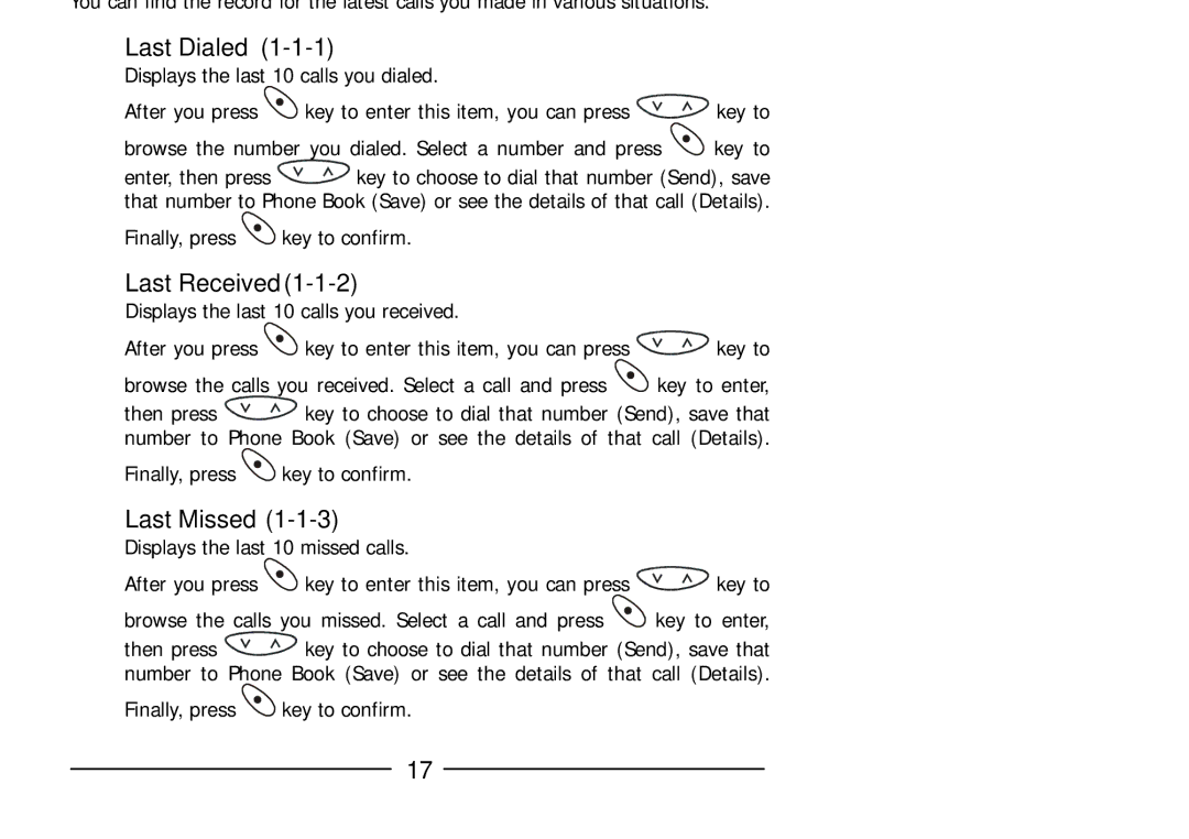 Audiovox GSM 900 system user manual Last Dialed, Last Received, Last Missed 
