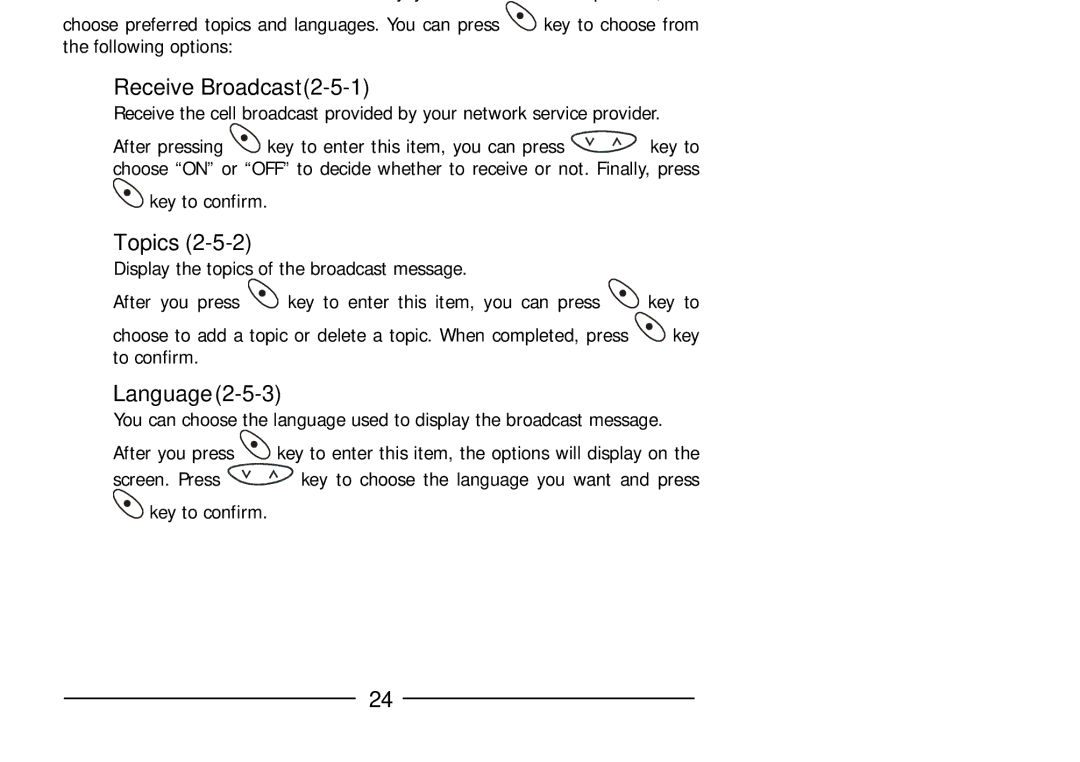 Audiovox GSM 900 system user manual Receive Broadcast, Topics, Language 