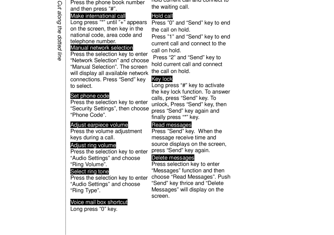 Audiovox GSM 900 system user manual Cut along the dotted line 