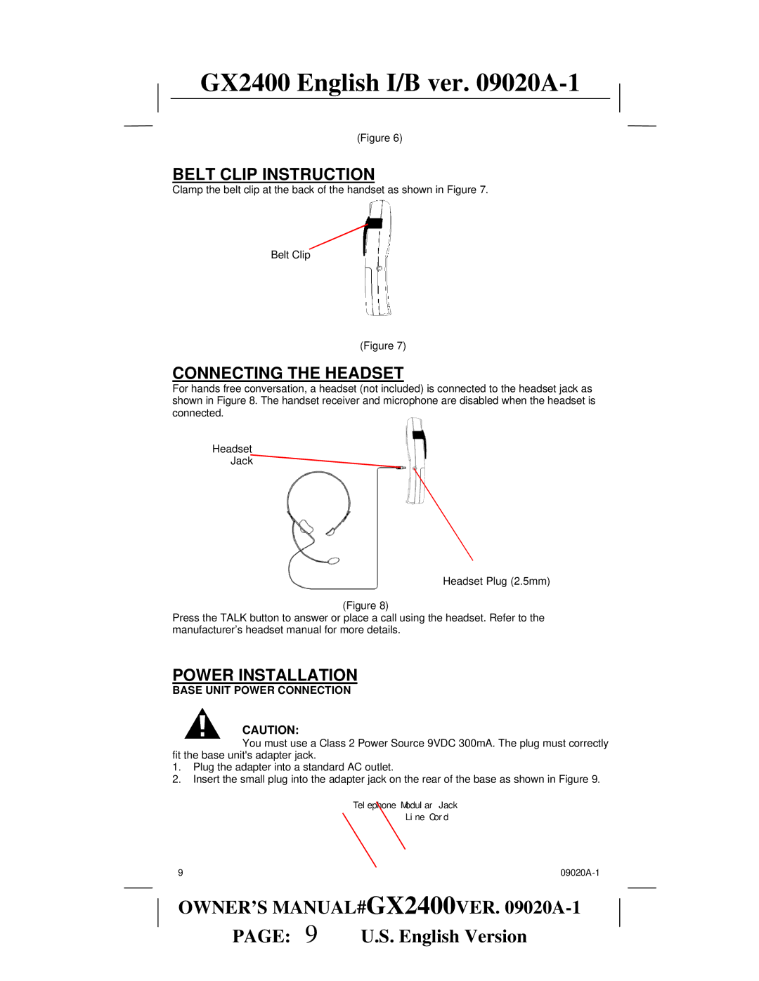 Audiovox gx2400 owner manual Belt Clip Instruction, Connecting the Headset, Power Installation, Base Unit Power Connection 