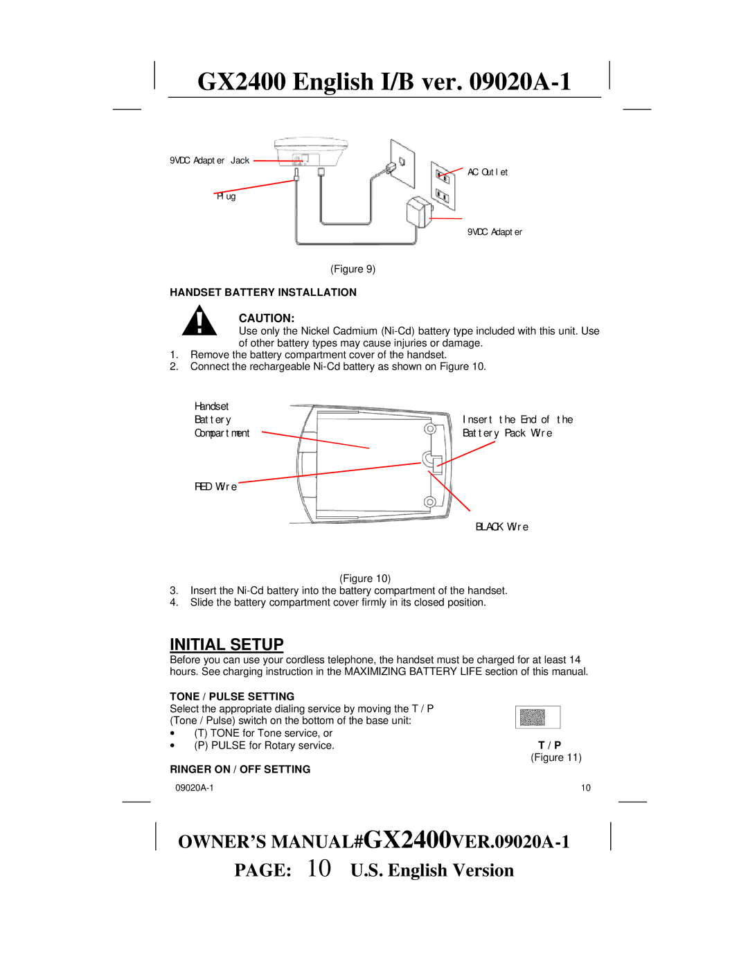 Audiovox gx2400 owner manual Initial Setup, Handset Battery Installation, Tone / Pulse Setting, Ringer on / OFF Setting 