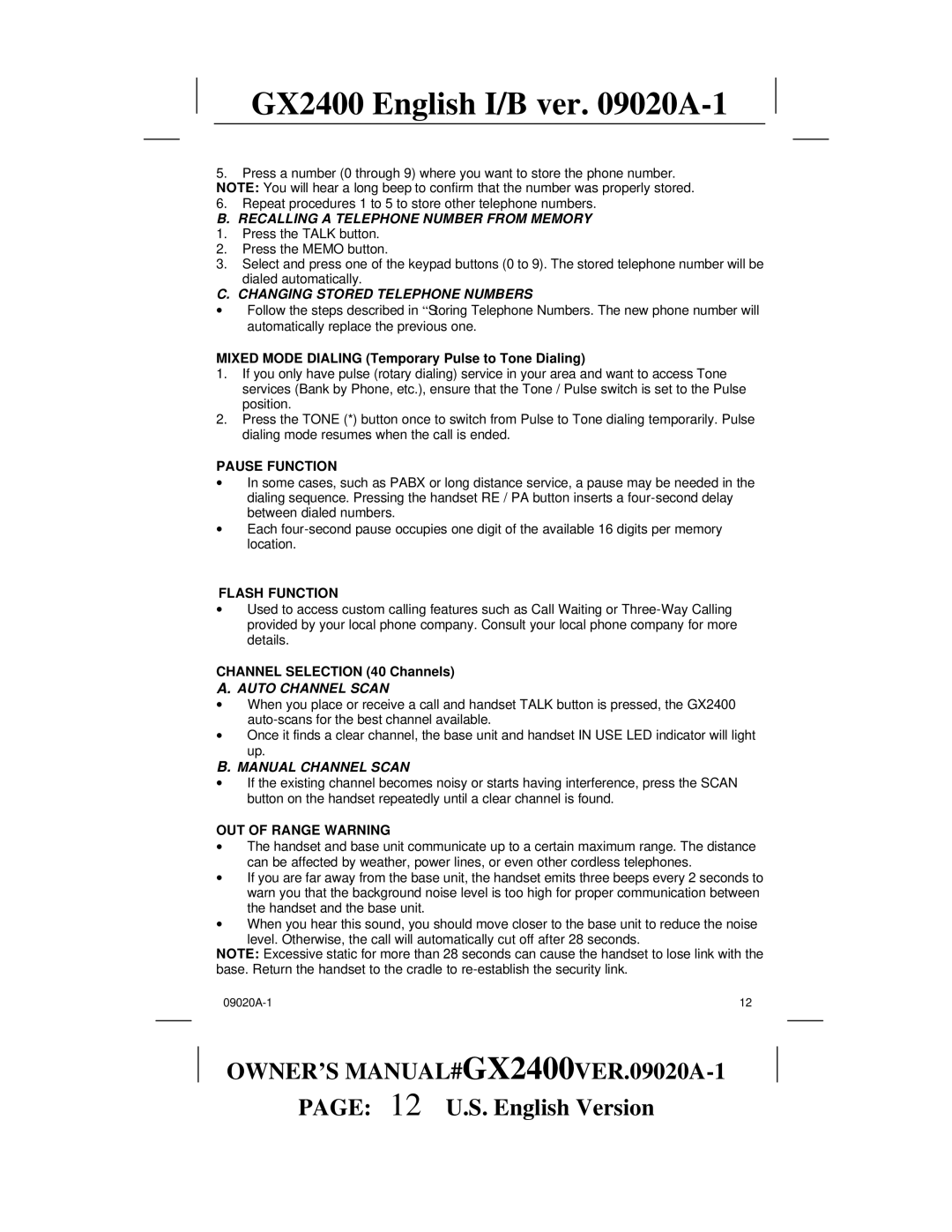 Audiovox gx2400 owner manual Recalling a Telephone Number from Memory, Changing Stored Telephone Numbers, Auto Channel Scan 