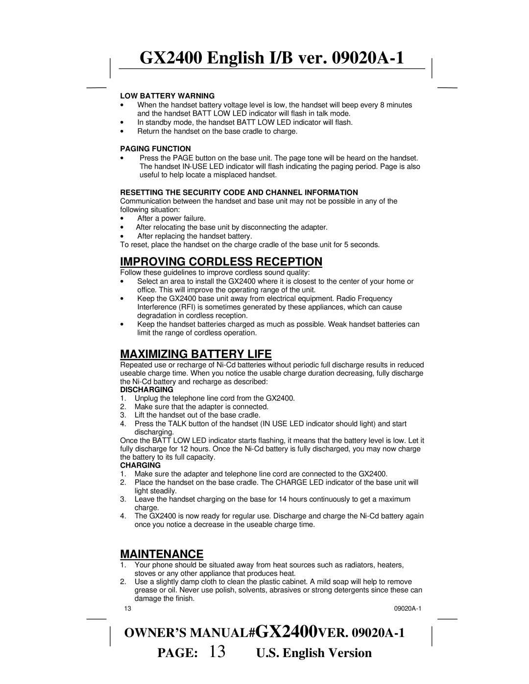 Audiovox gx2400 owner manual Improving Cordless Reception, Maximizing Battery Life, Maintenance 