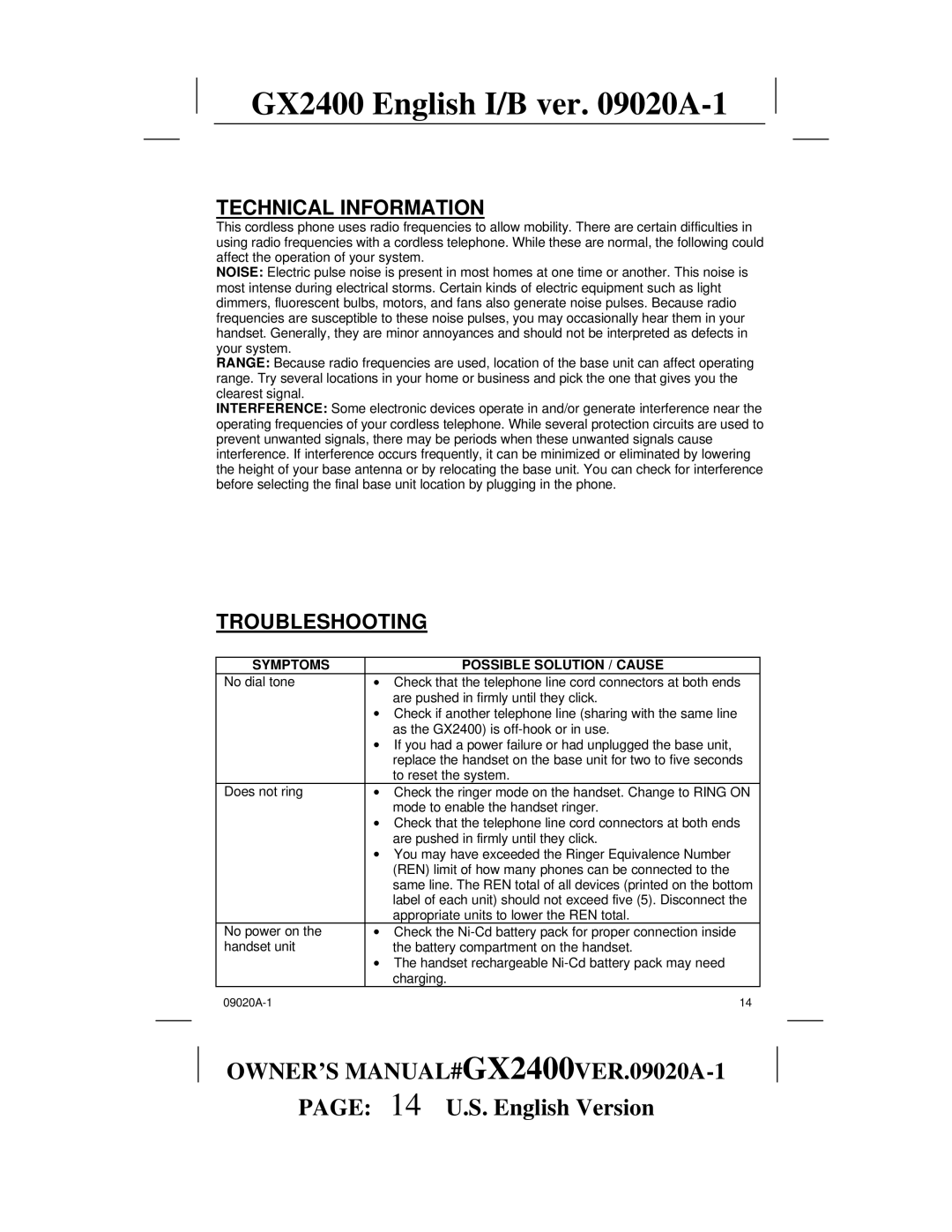 Audiovox gx2400 owner manual Technical Information, Troubleshooting, Symptoms Possible Solution / Cause 