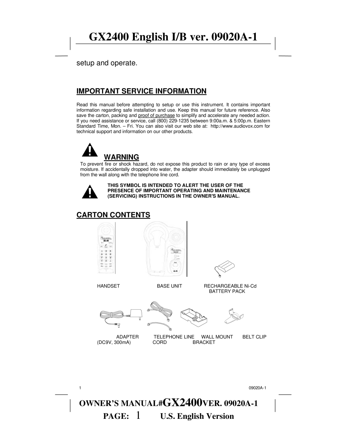 Audiovox gx2400 owner manual Important Service Information, Carton Contents 