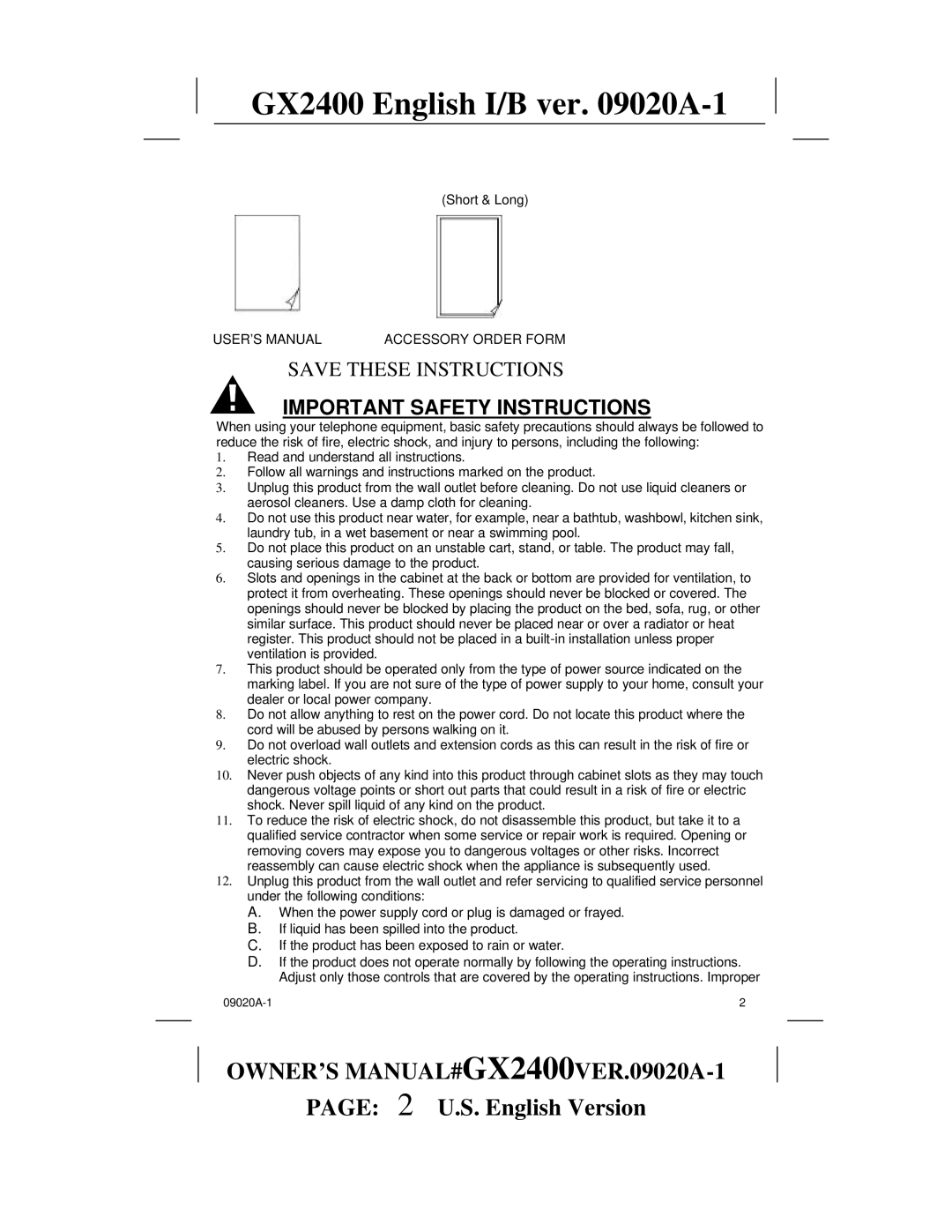 Audiovox gx2400 owner manual Important Safety Instructions 