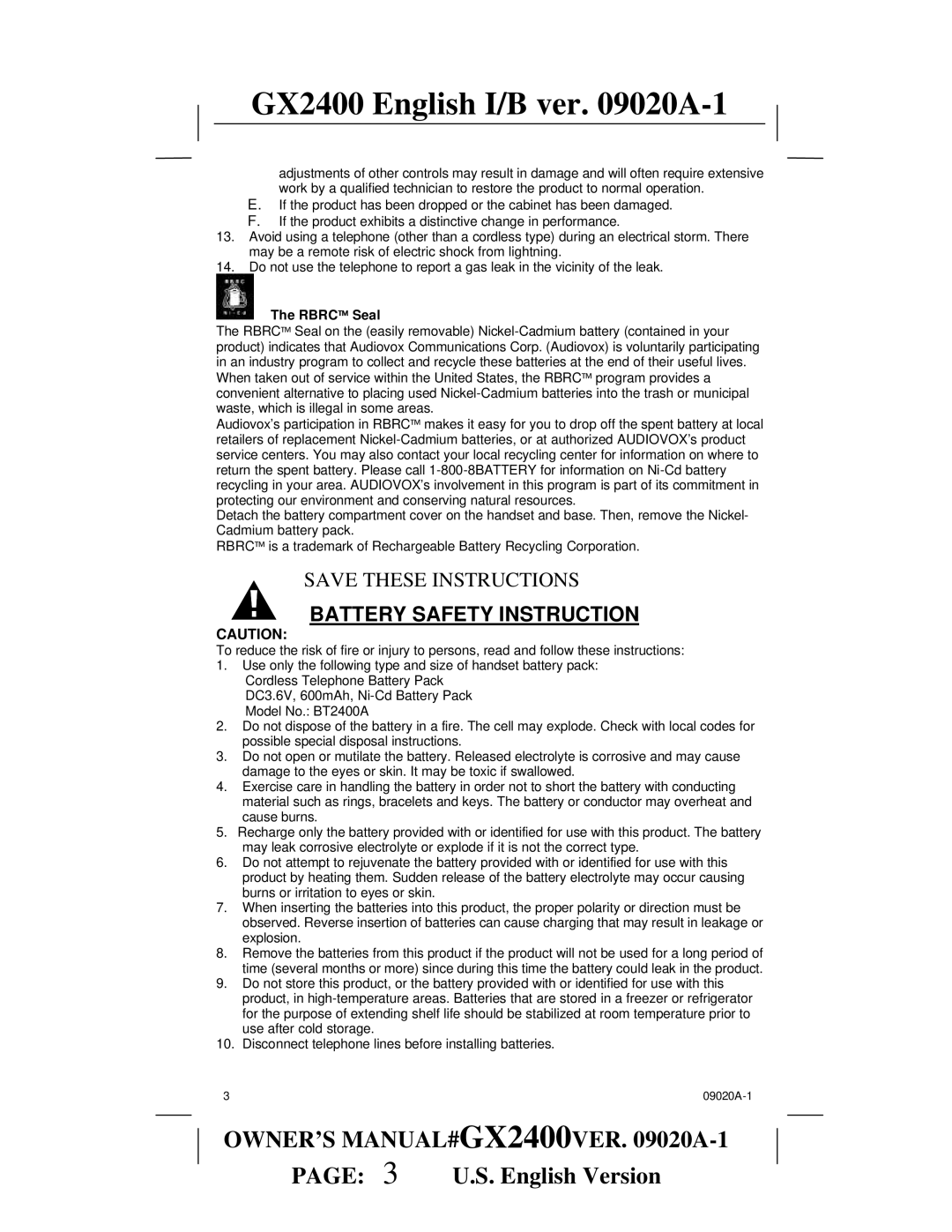 Audiovox gx2400 owner manual Battery Safety Instruction, Rbrc Seal 