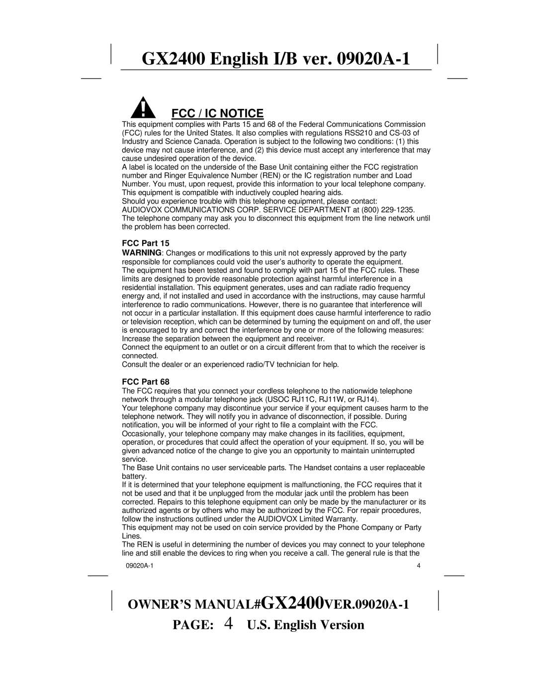 Audiovox gx2400 owner manual FCC / IC Notice, FCC Part 