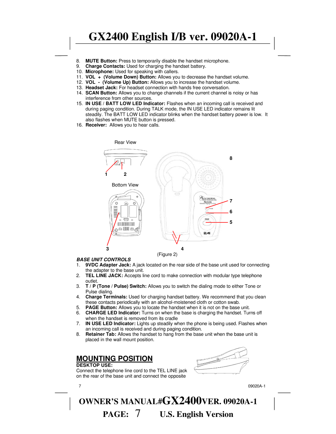 Audiovox gx2400 owner manual Mounting Position, Base Unit Controls, Desktop USE 