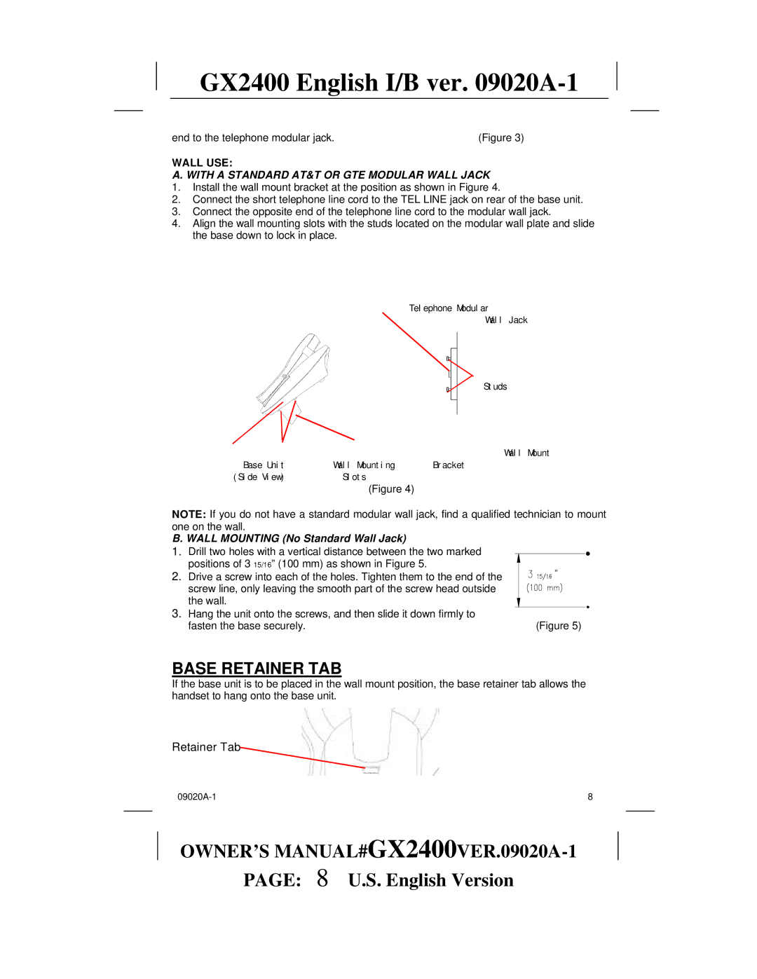 Audiovox gx2400 owner manual Base Retainer TAB, Wall USE, With a Standard AT&T or GTE Modular Wall Jack 