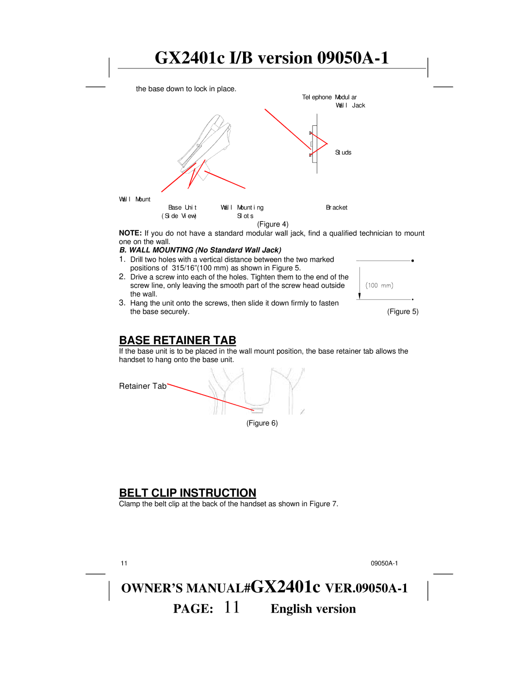 Audiovox GX2401c owner manual Base Retainer TAB, Belt Clip Instruction 