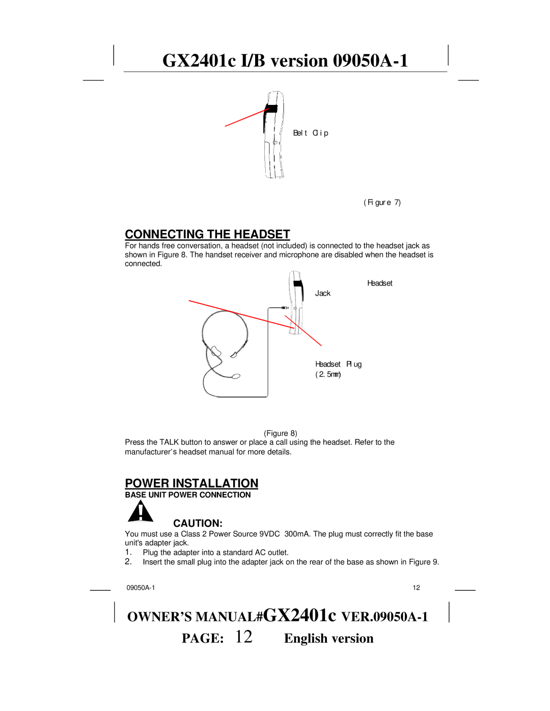 Audiovox GX2401c owner manual Connecting the Headset, Power Installation, Base Unit Power Connection 