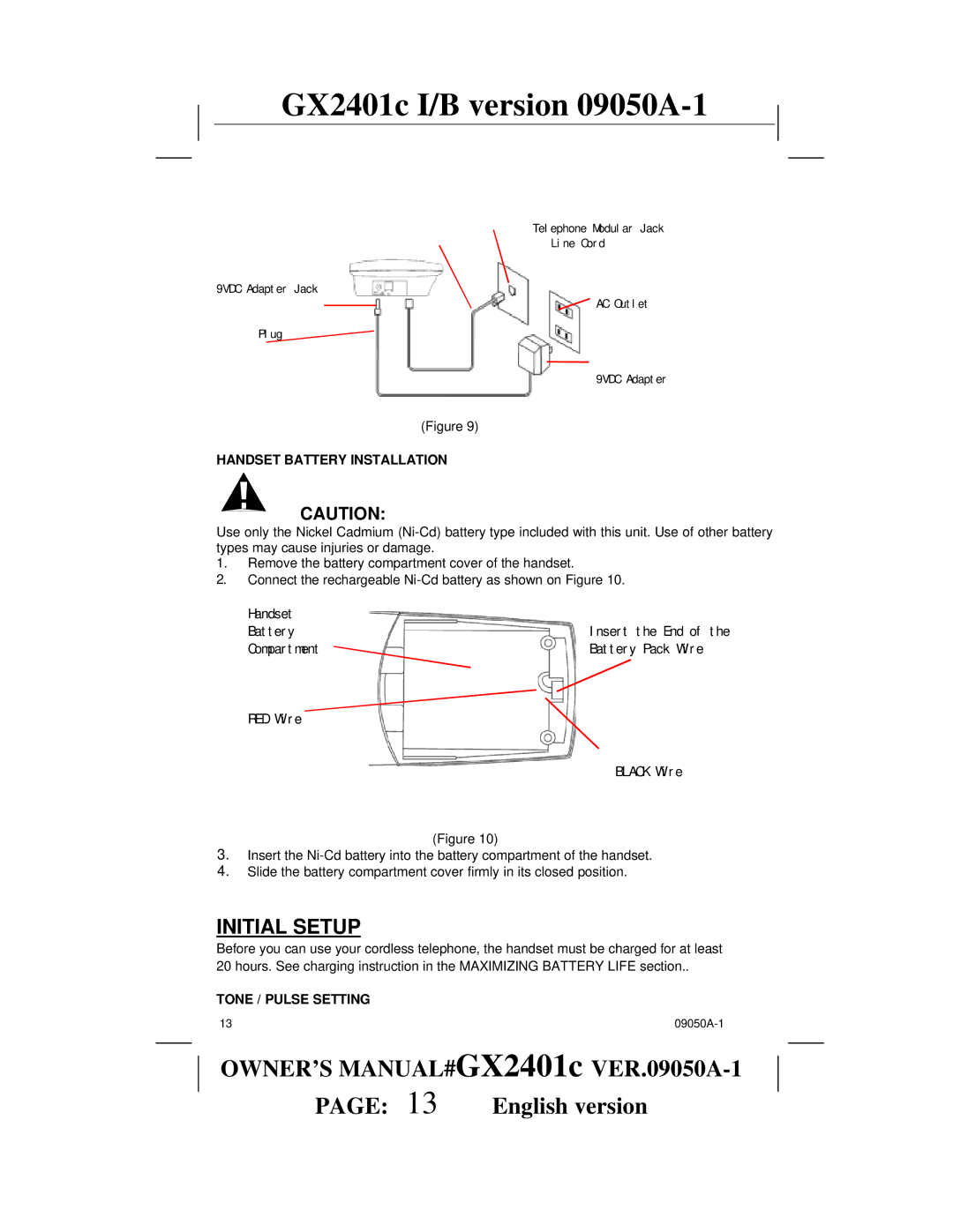 Audiovox GX2401c owner manual Initial Setup, Handset Battery Installation, Tone / Pulse Setting 