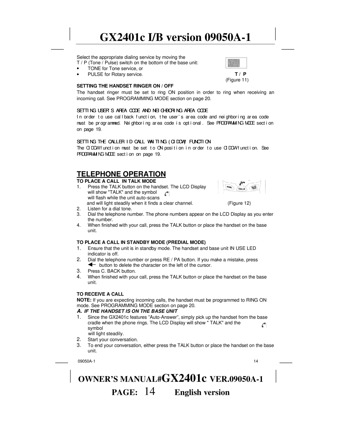 Audiovox GX2401c owner manual Telephone Operation, If the Handset is on the Base Unit 