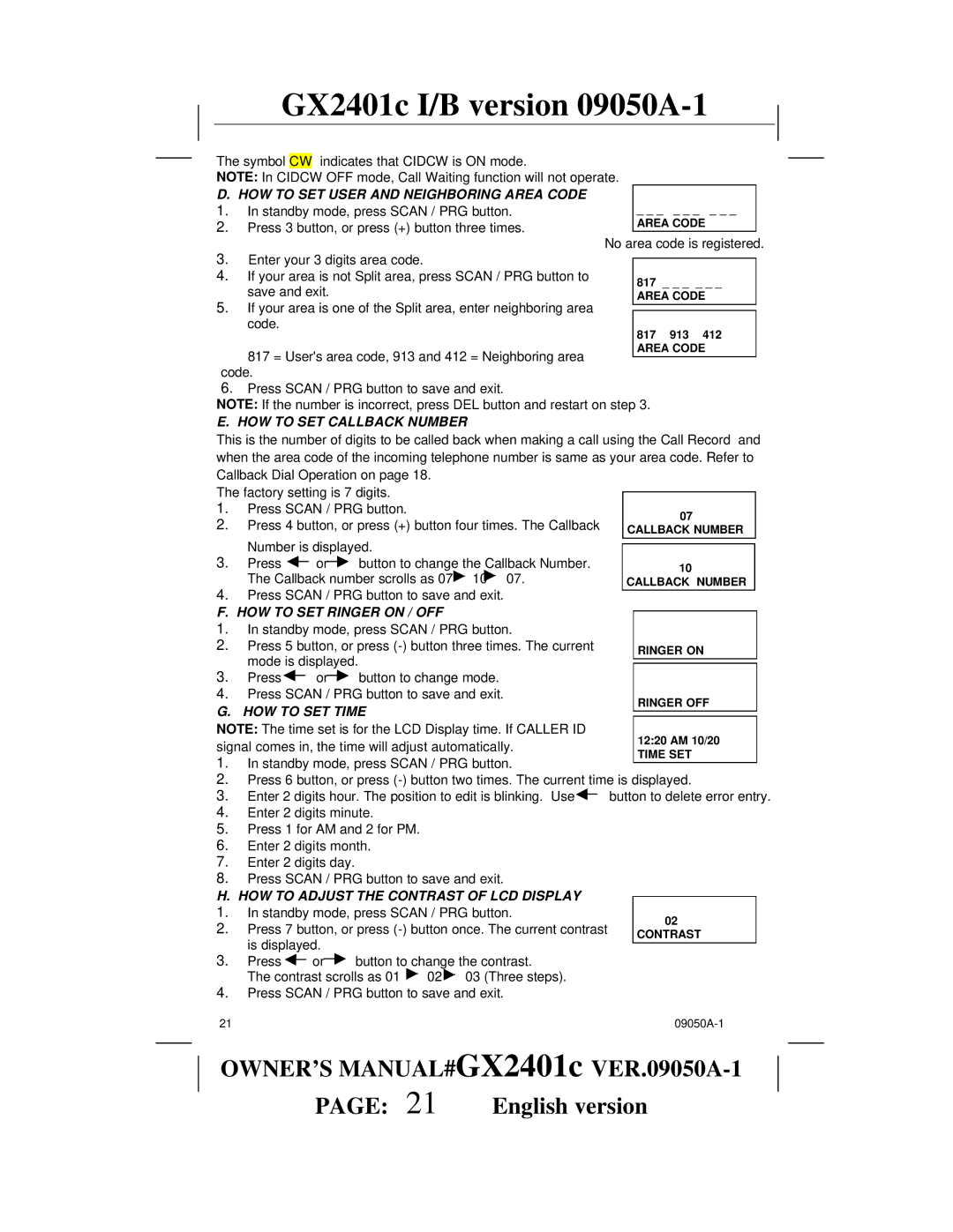 Audiovox GX2401c HOW to SET User and Neighboring Area Code, HOW to SET Callback Number, HOW to SET Ringer on / OFF 