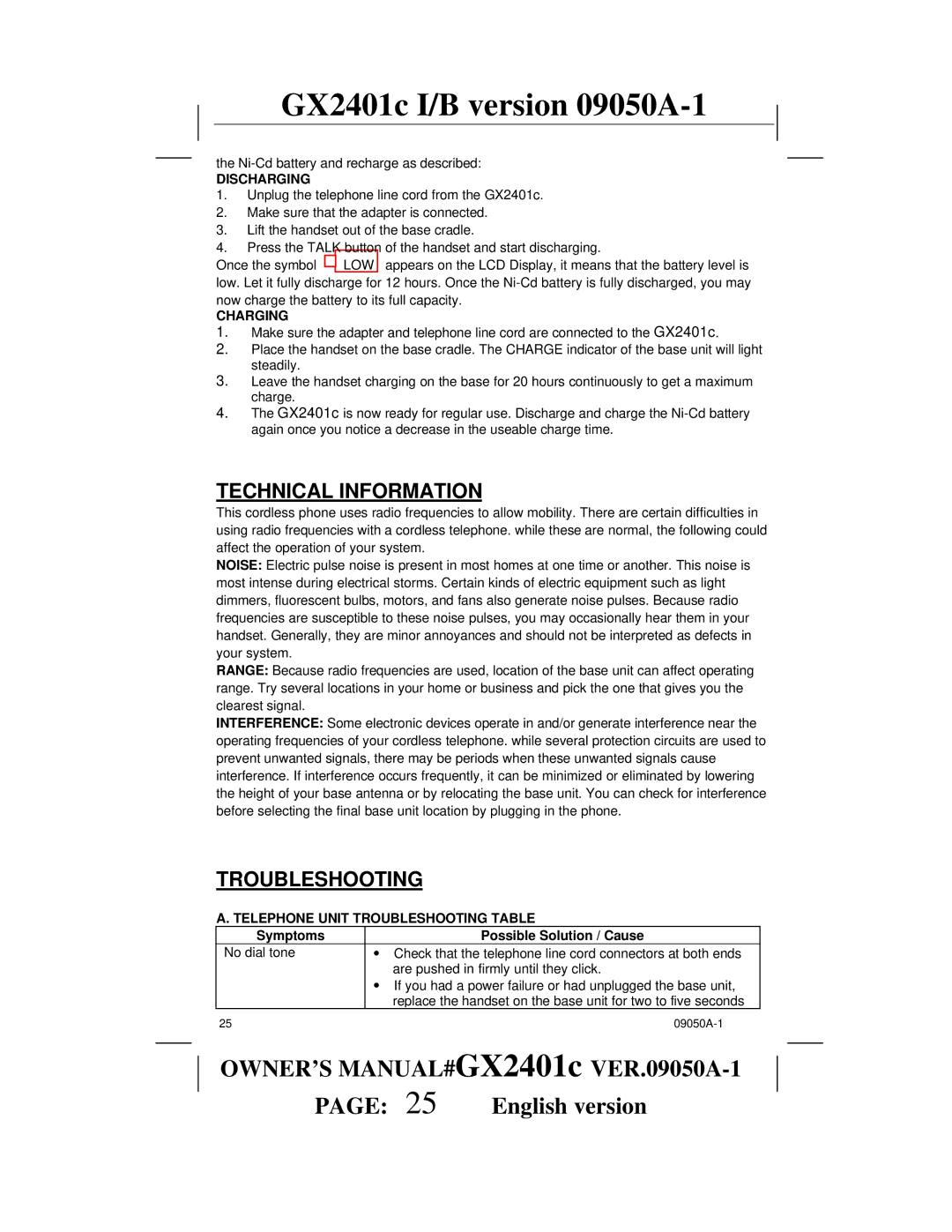 Audiovox GX2401c owner manual Technical Information, Discharging, Charging, Telephone Unit Troubleshooting Table 