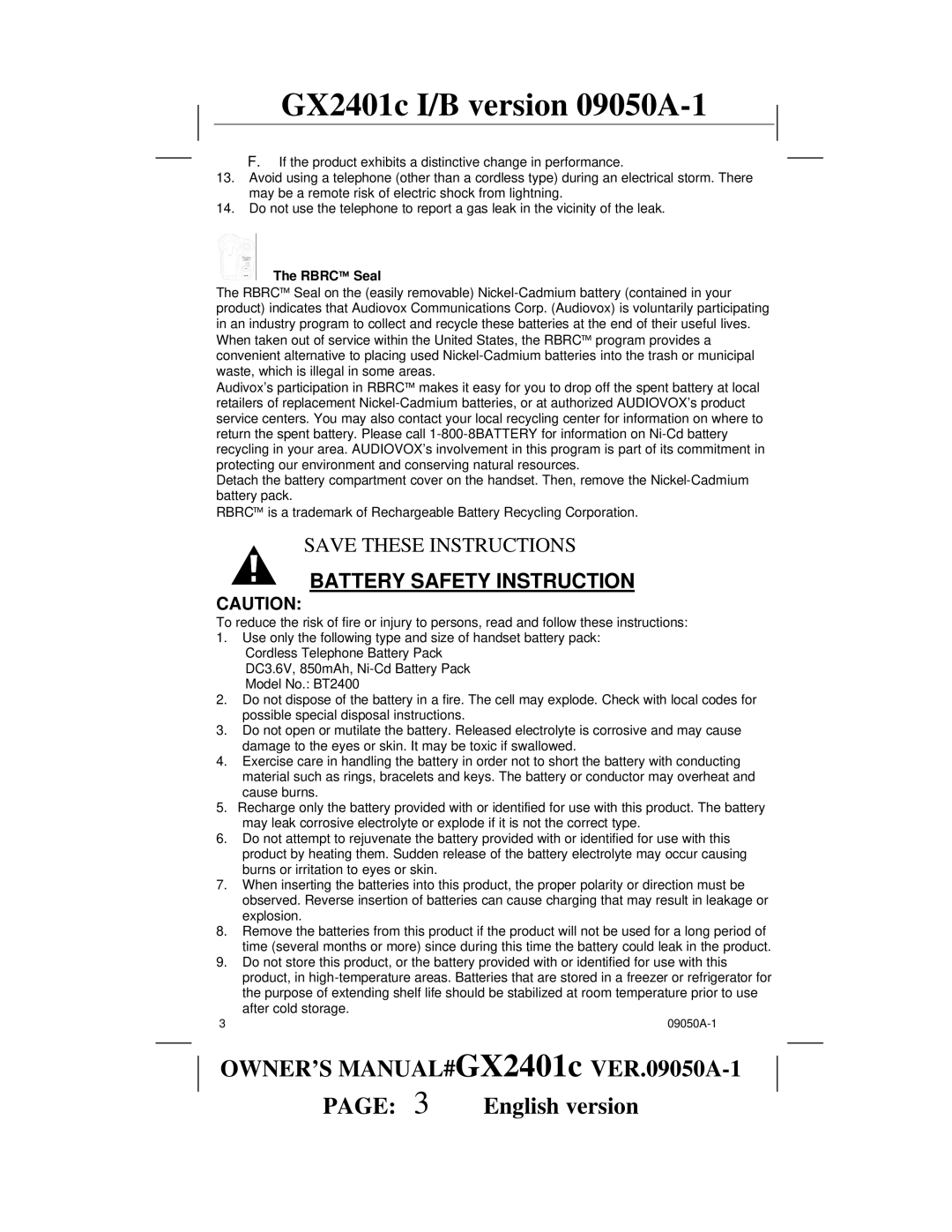 Audiovox GX2401c owner manual Battery Safety Instruction, Rbrc Seal 