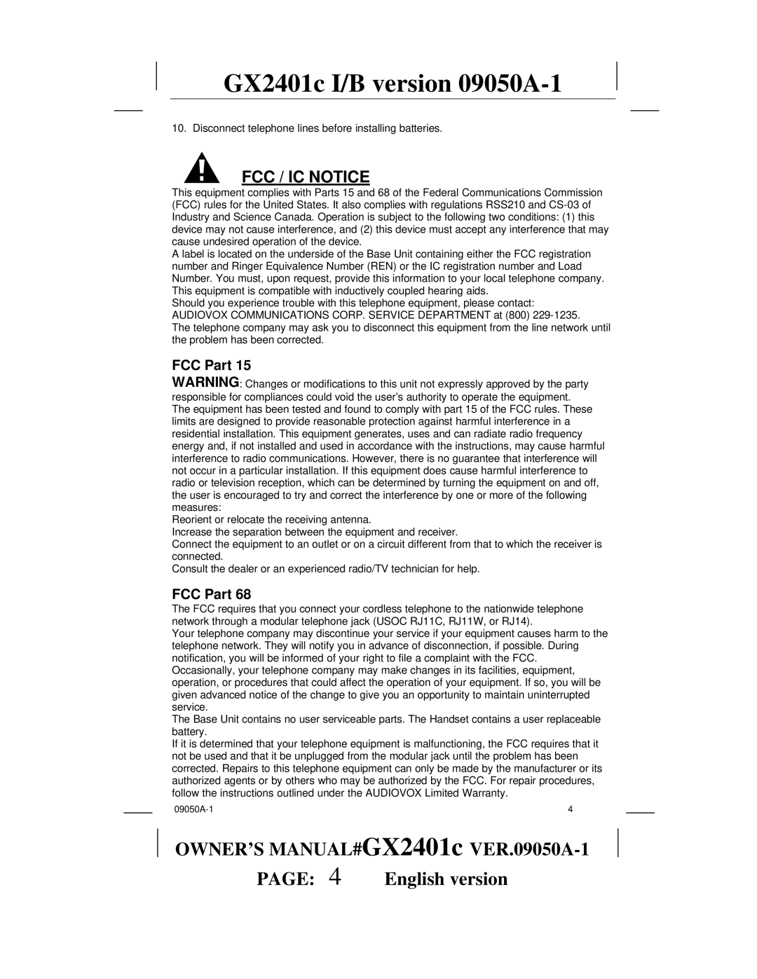 Audiovox GX2401c owner manual FCC / IC Notice, FCC Part 