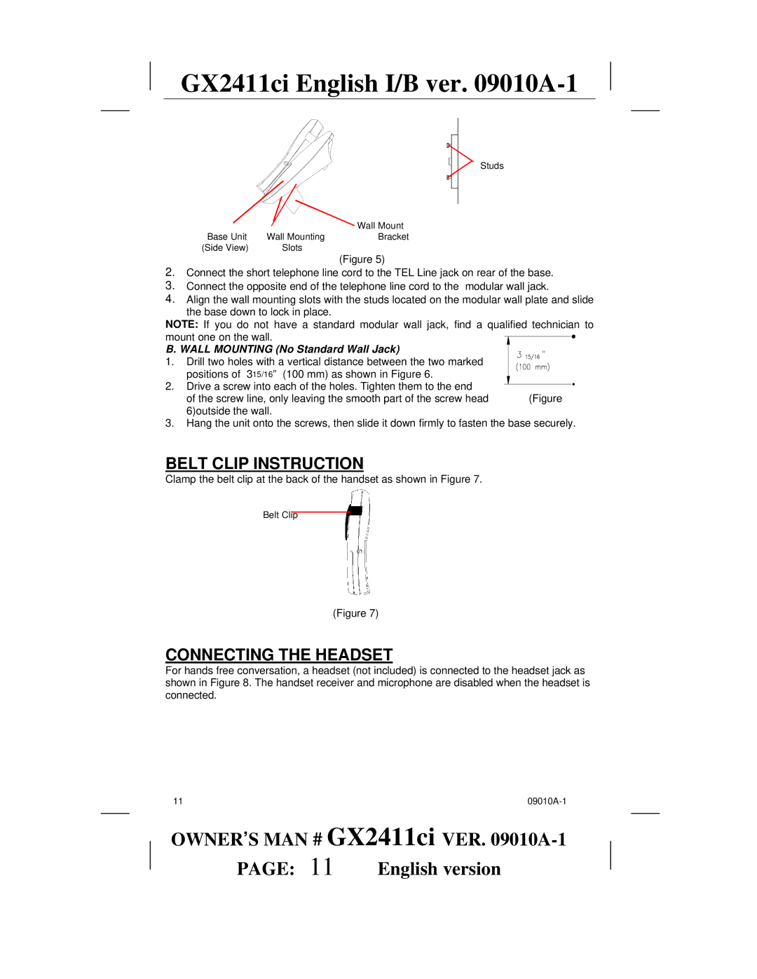 Audiovox GX2411ci manual Belt Clip Instruction, Connecting the Headset, Wall Mounting No Standard Wall Jack 