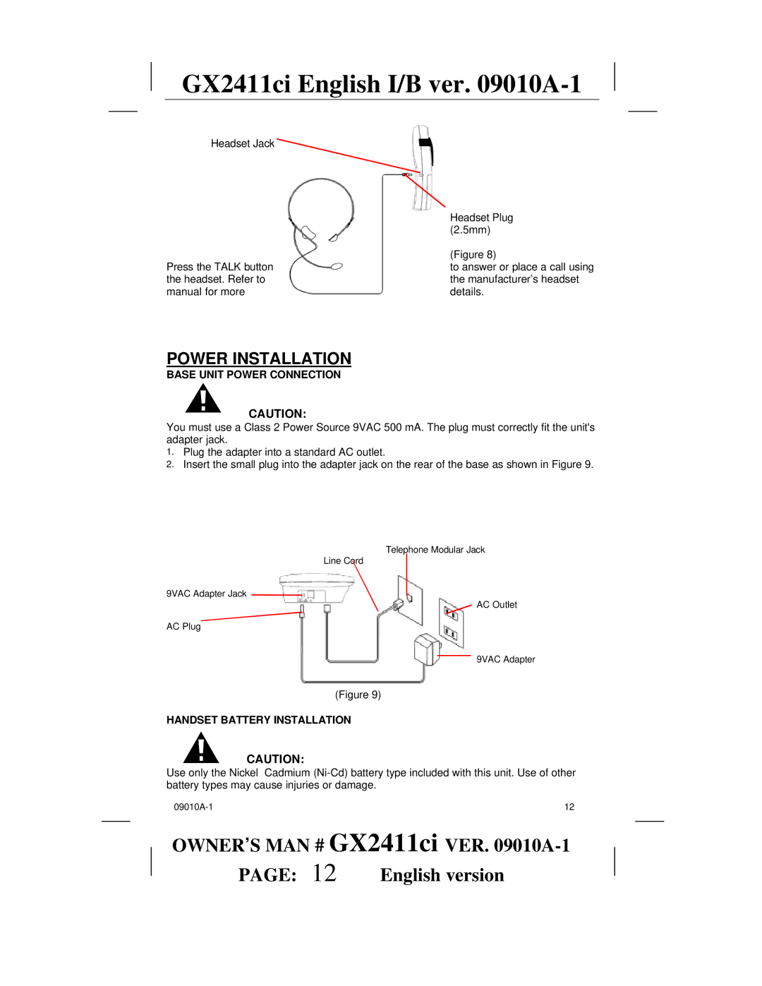 Audiovox GX2411ci manual Power Installation, Base Unit Power Connection, Handset Battery Installation 