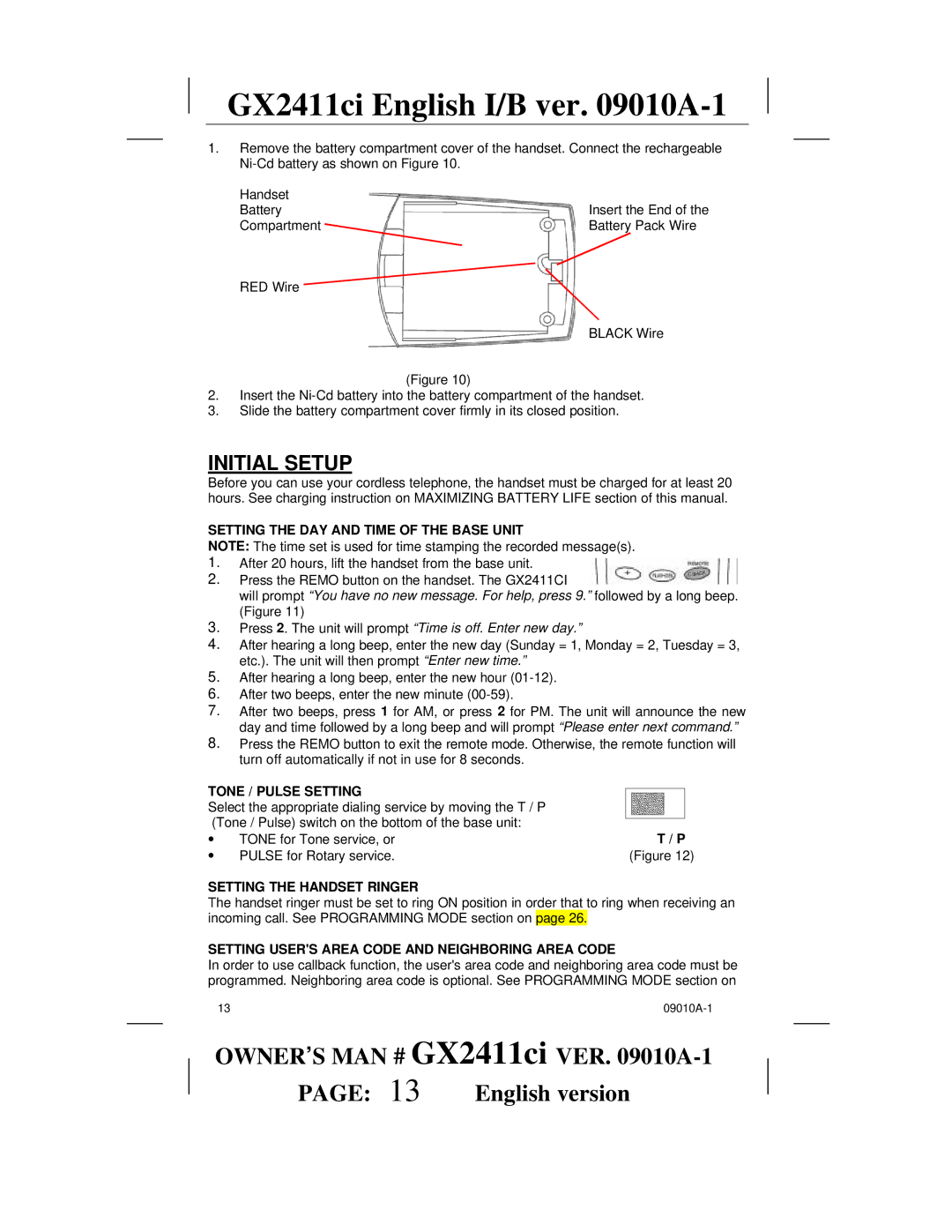 Audiovox GX2411ci manual Initial Setup, Setting the DAY and Time of the Base Unit, Tone / Pulse Setting 