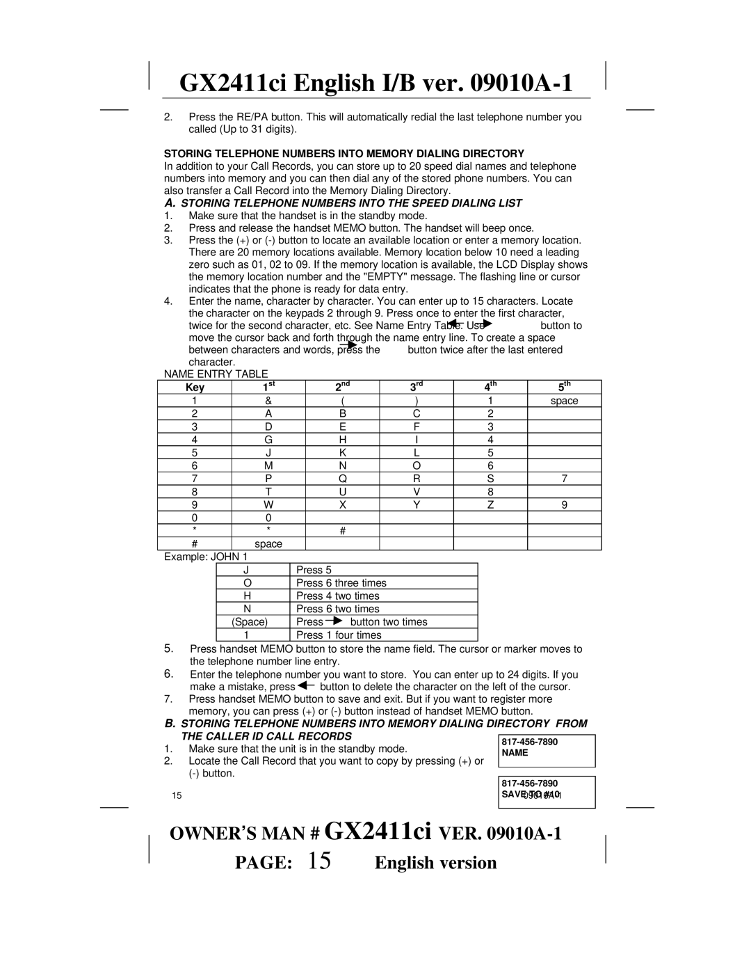 Audiovox GX2411ci manual Storing Telephone Numbers Into Memory Dialing Directory, Key 