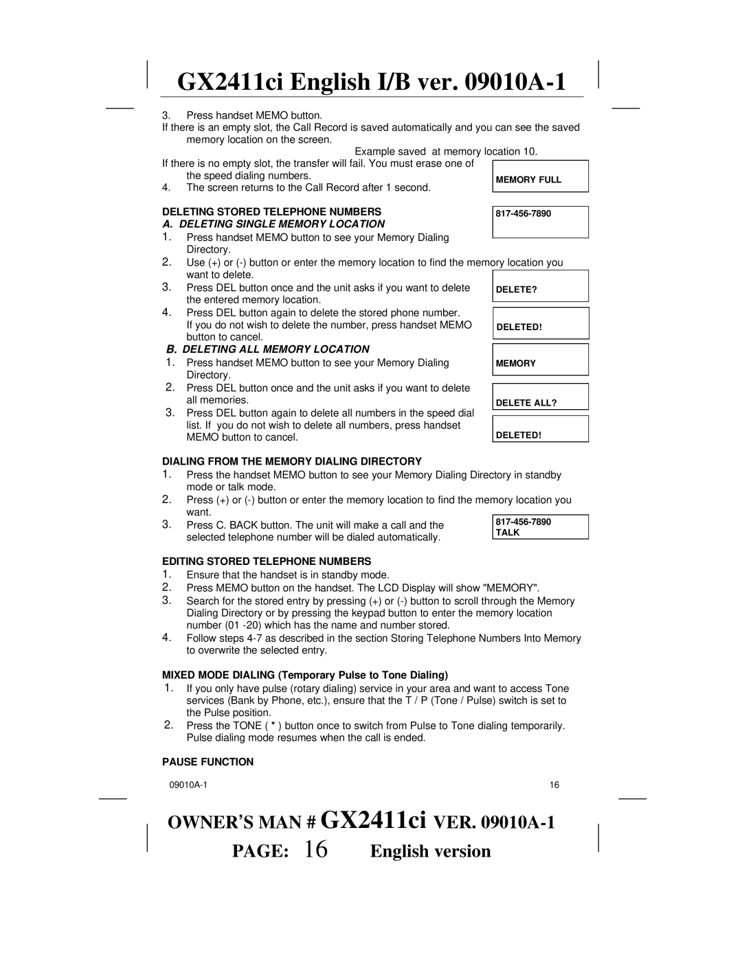 Audiovox GX2411ci manual Deleting Single Memory Location, Deleting ALL Memory Location 