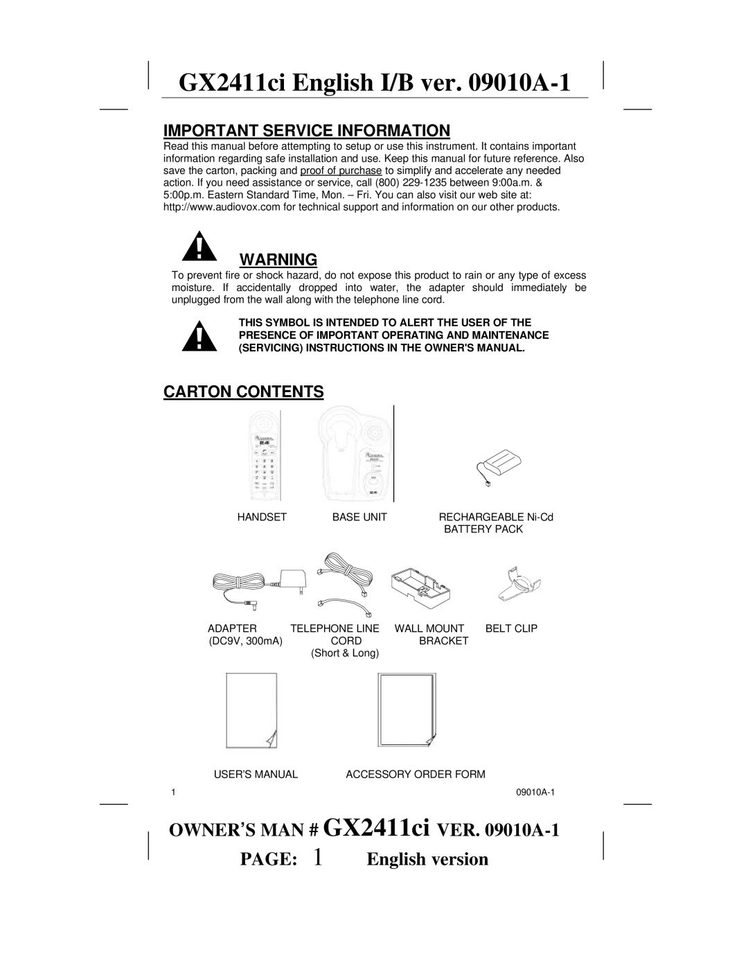 Audiovox GX2411ci manual Important Service Information, Carton Contents 