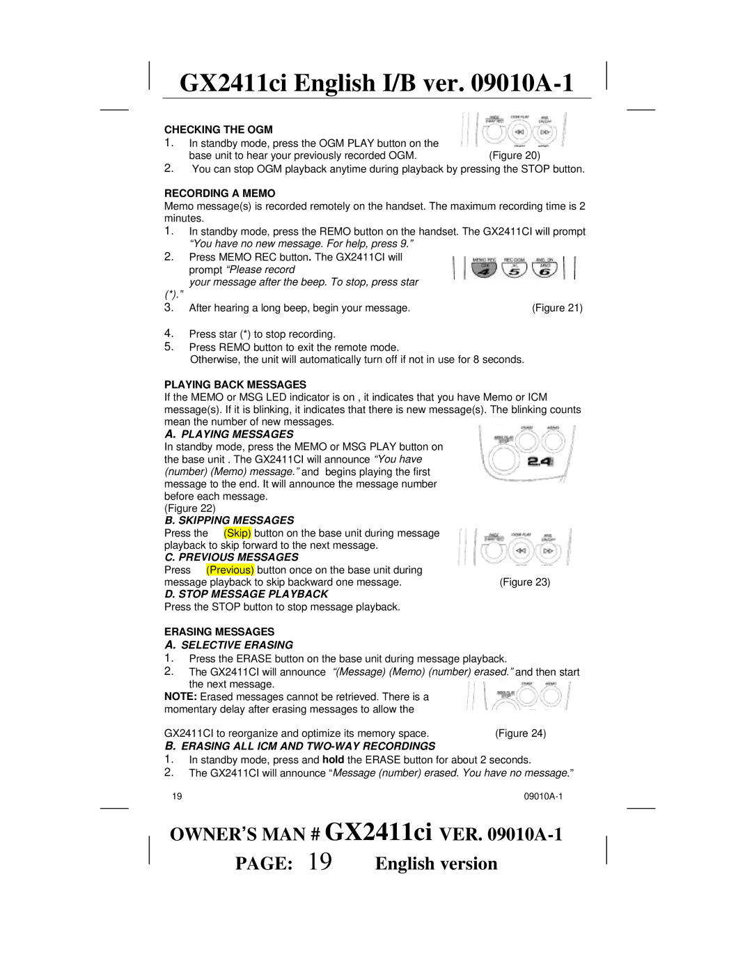 Audiovox GX2411ci manual Playing Messages, Skipping Messages, Previous Messages, Stop Message Playback, Selective Erasing 