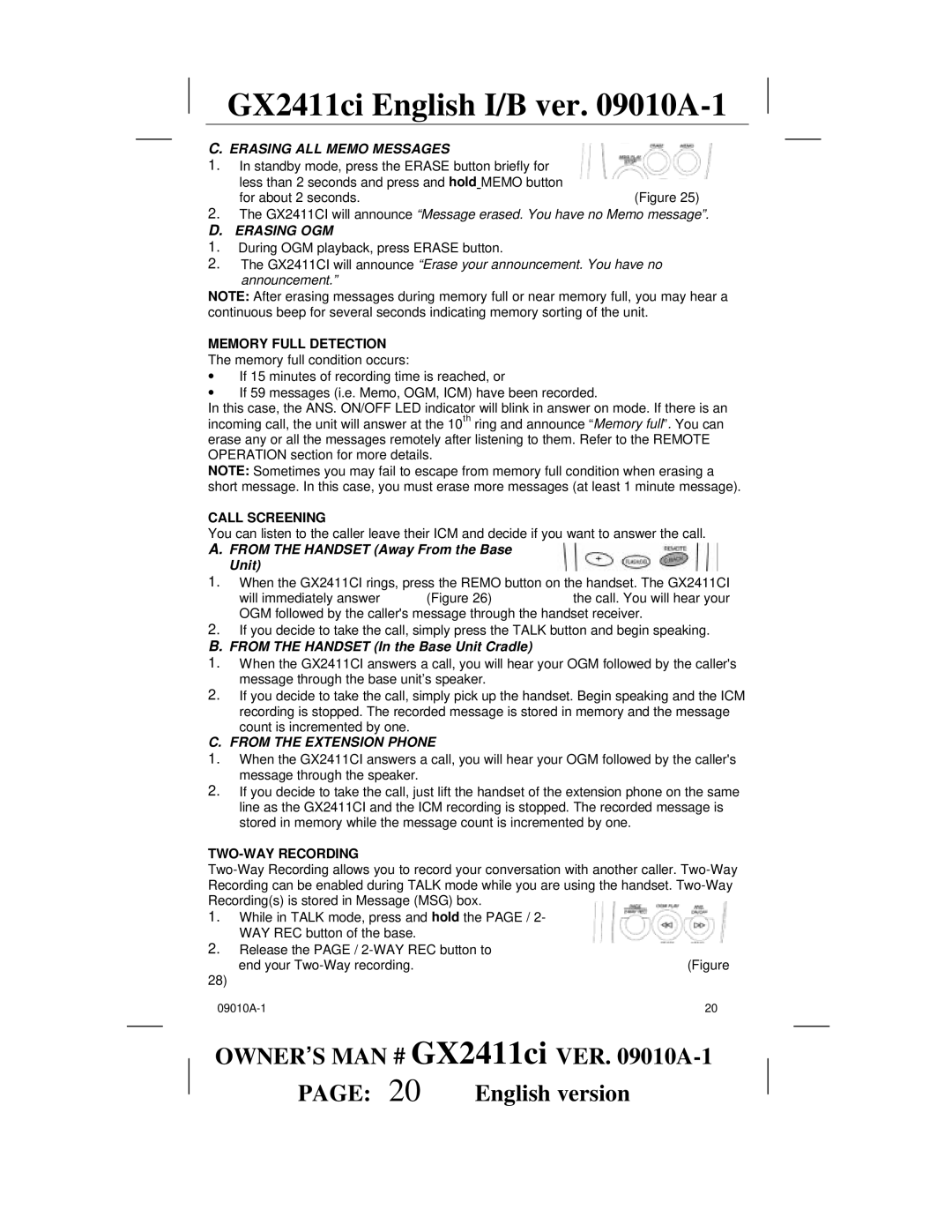 Audiovox GX2411ci manual Erasing ALL Memo Messages, Erasing OGM, From the Handset Away From the Base Unit 