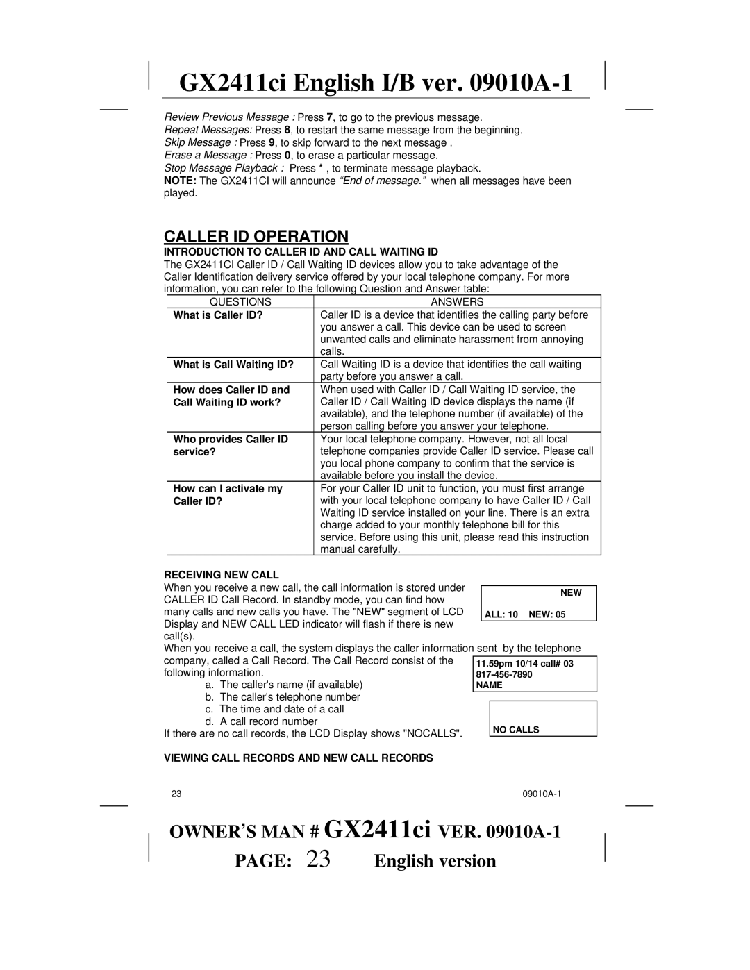 Audiovox GX2411ci manual Caller ID Operation, Introduction to Caller ID and Call Waiting ID, Receiving NEW Call 