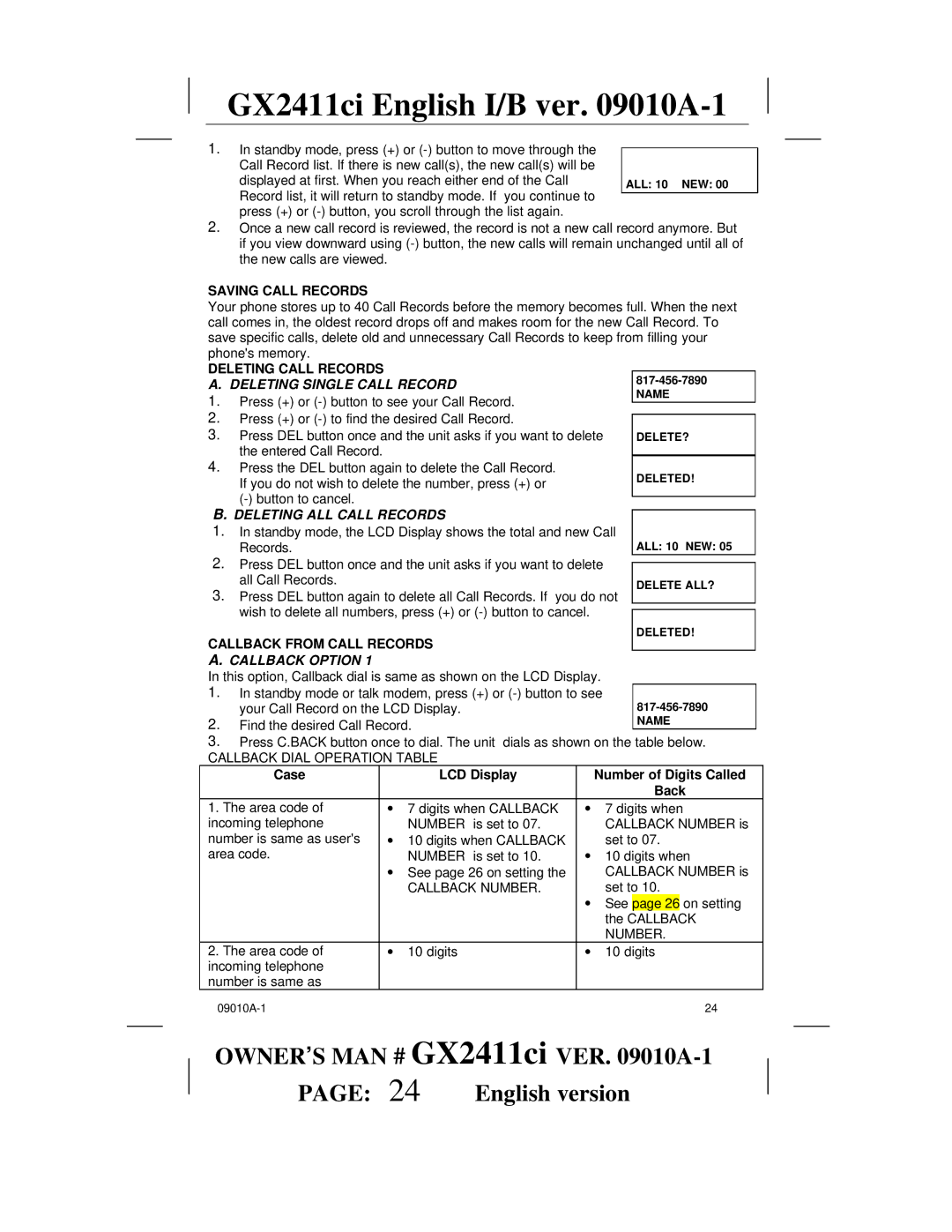 Audiovox GX2411ci manual Deleting Single Call Record, Deleting ALL Call Records, Callback Option 